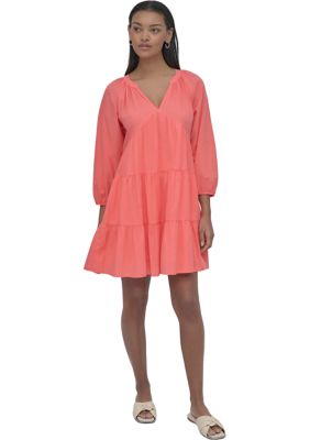 DKNY Jeans Women’s 3/4 Sleeve Split Neck Tiered Skirt, Coral, XS