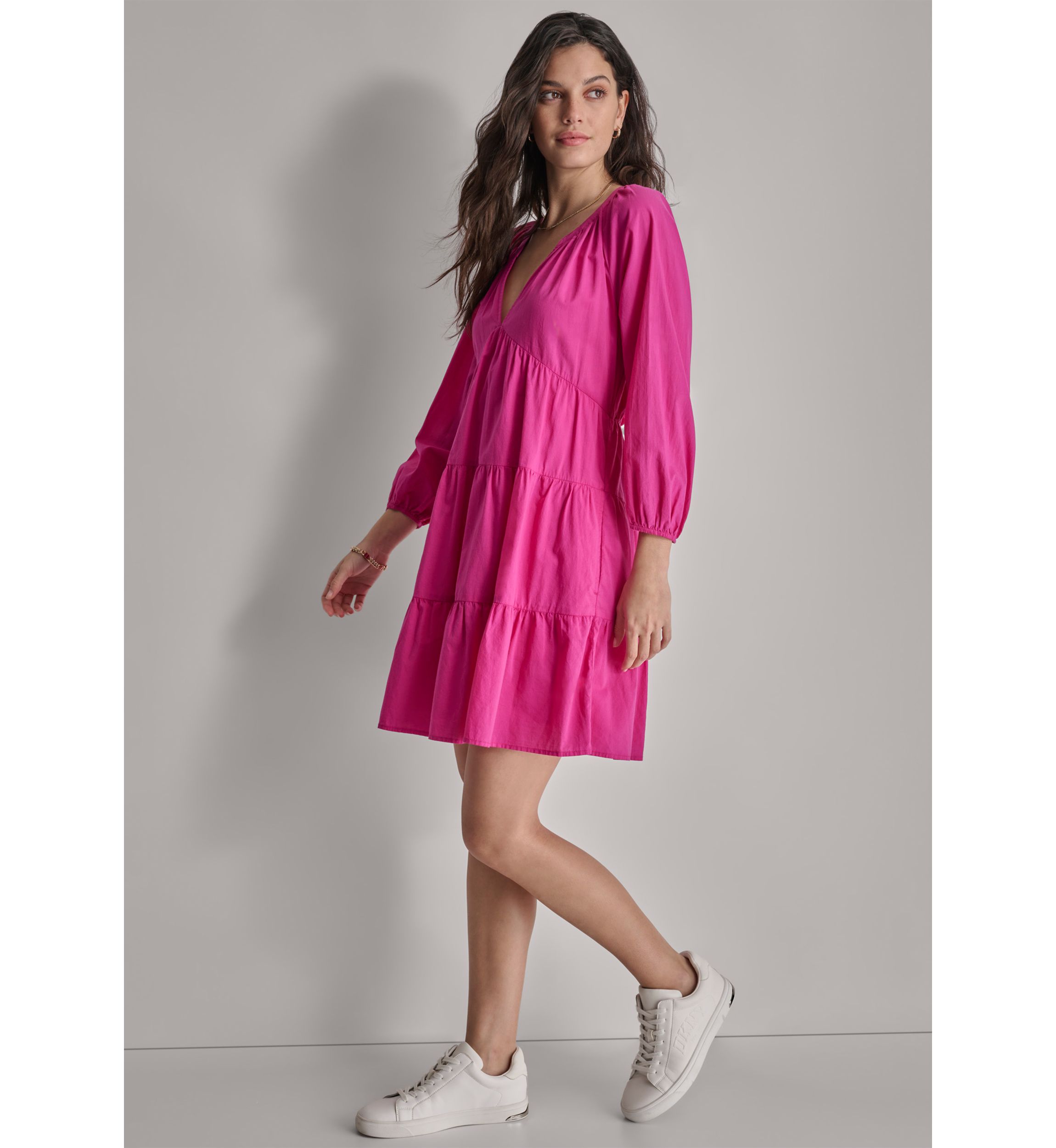 Womens 3/4 Sleeve Split Neck Tiered Skirt 