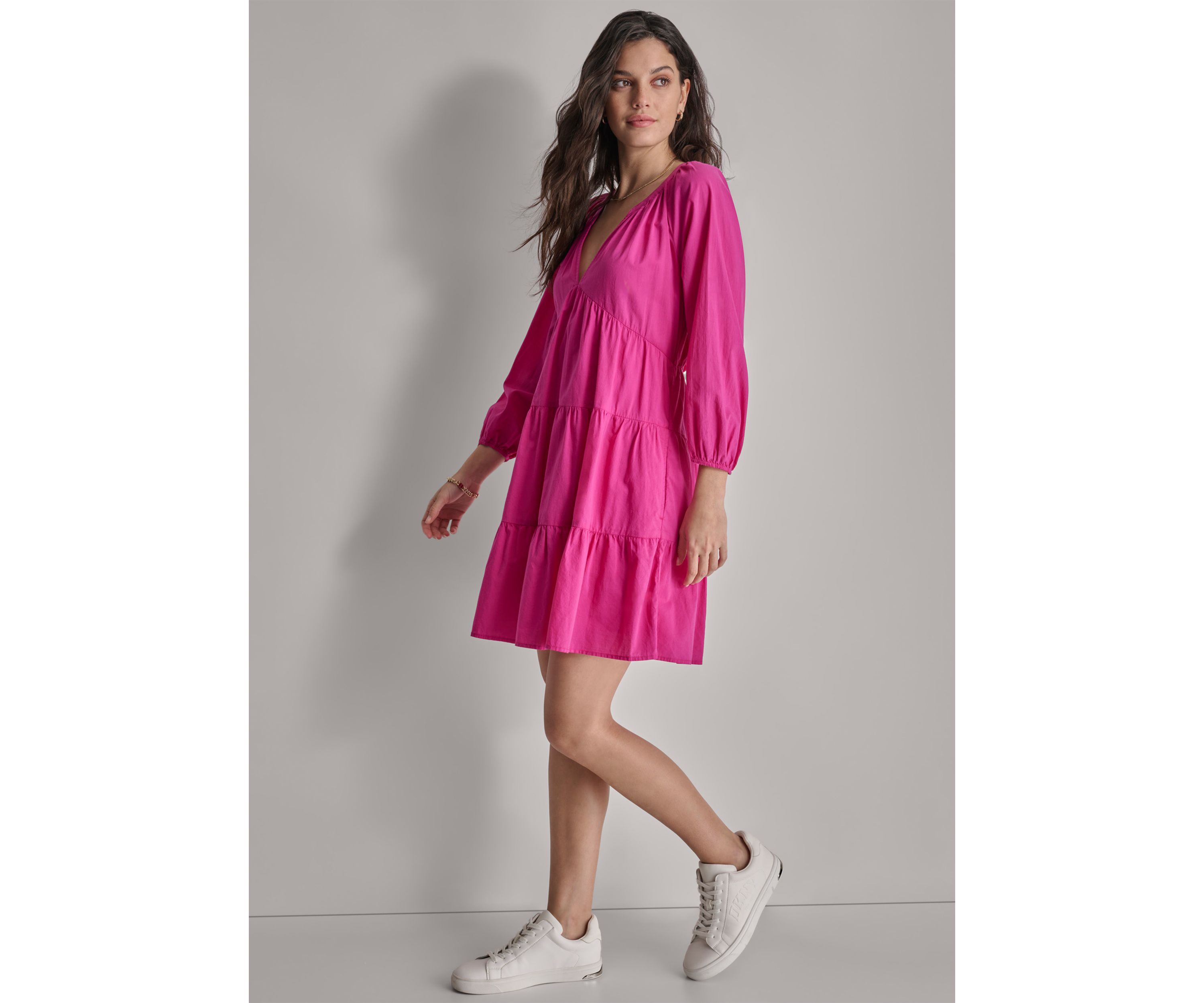 Womens 3/4 Sleeve Split Neck Tiered Skirt 