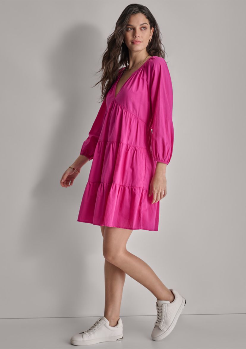 Womens 3/4 Sleeve Split Neck Tiered Skirt 