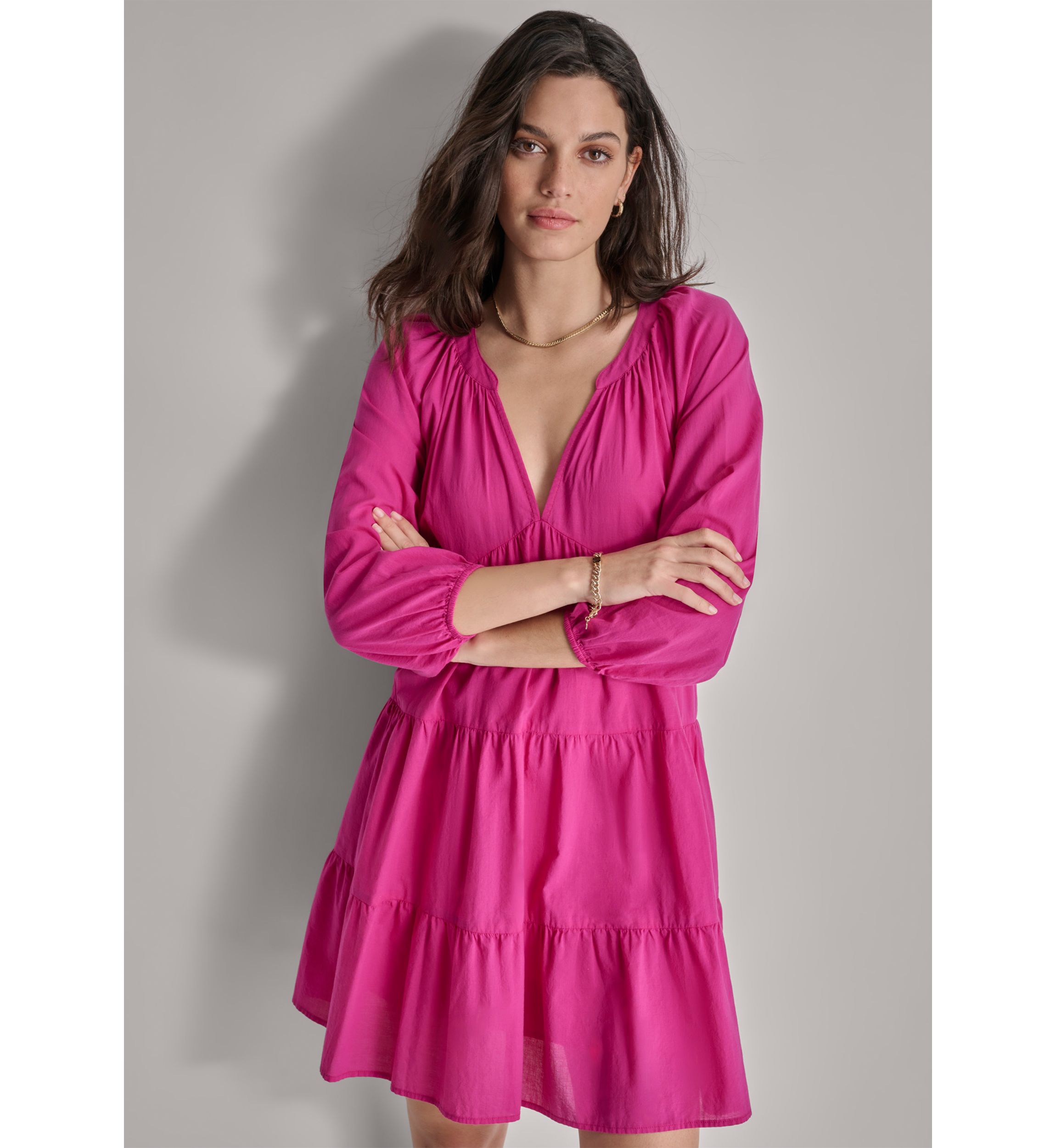 Womens 3/4 Sleeve Split Neck Tiered Skirt 