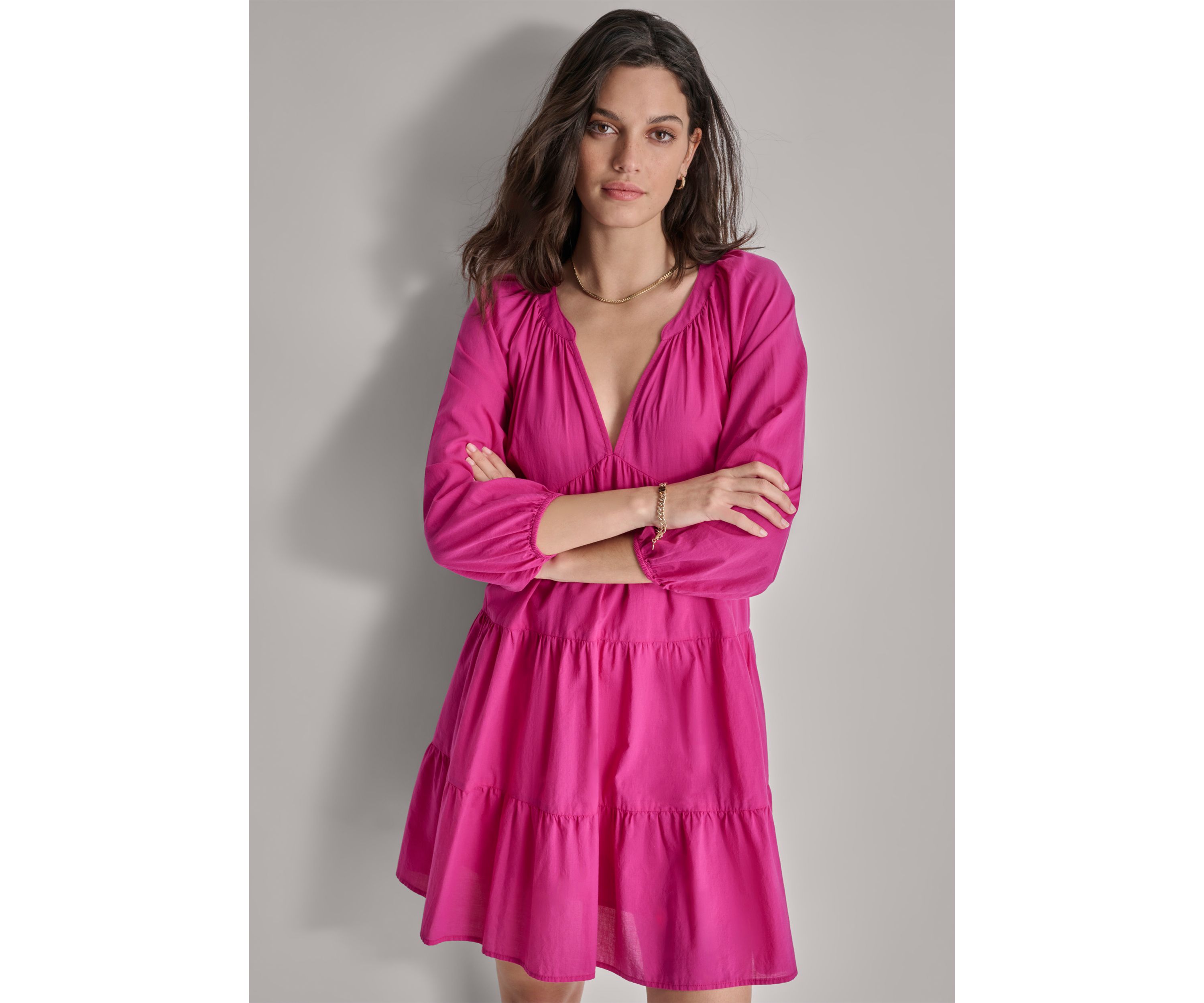 Womens 3/4 Sleeve Split Neck Tiered Skirt 