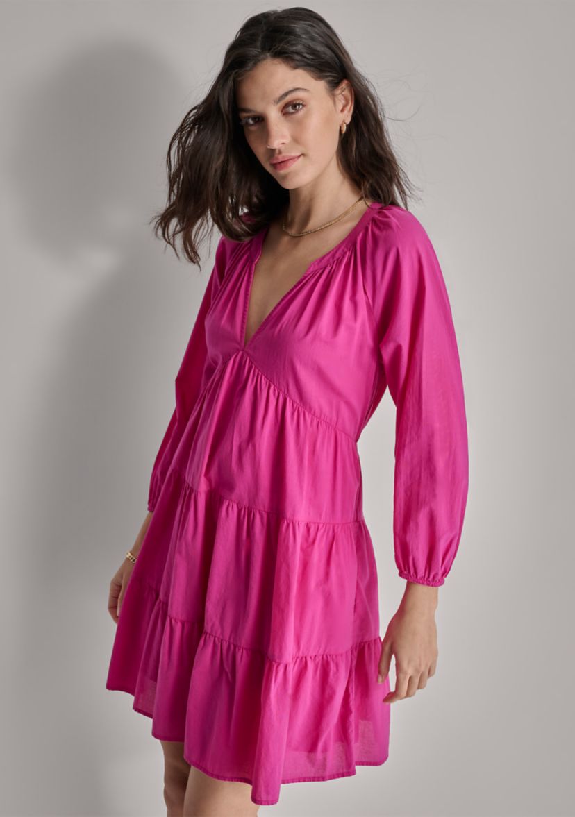 Womens 3/4 Sleeve Split Neck Tiered Skirt 