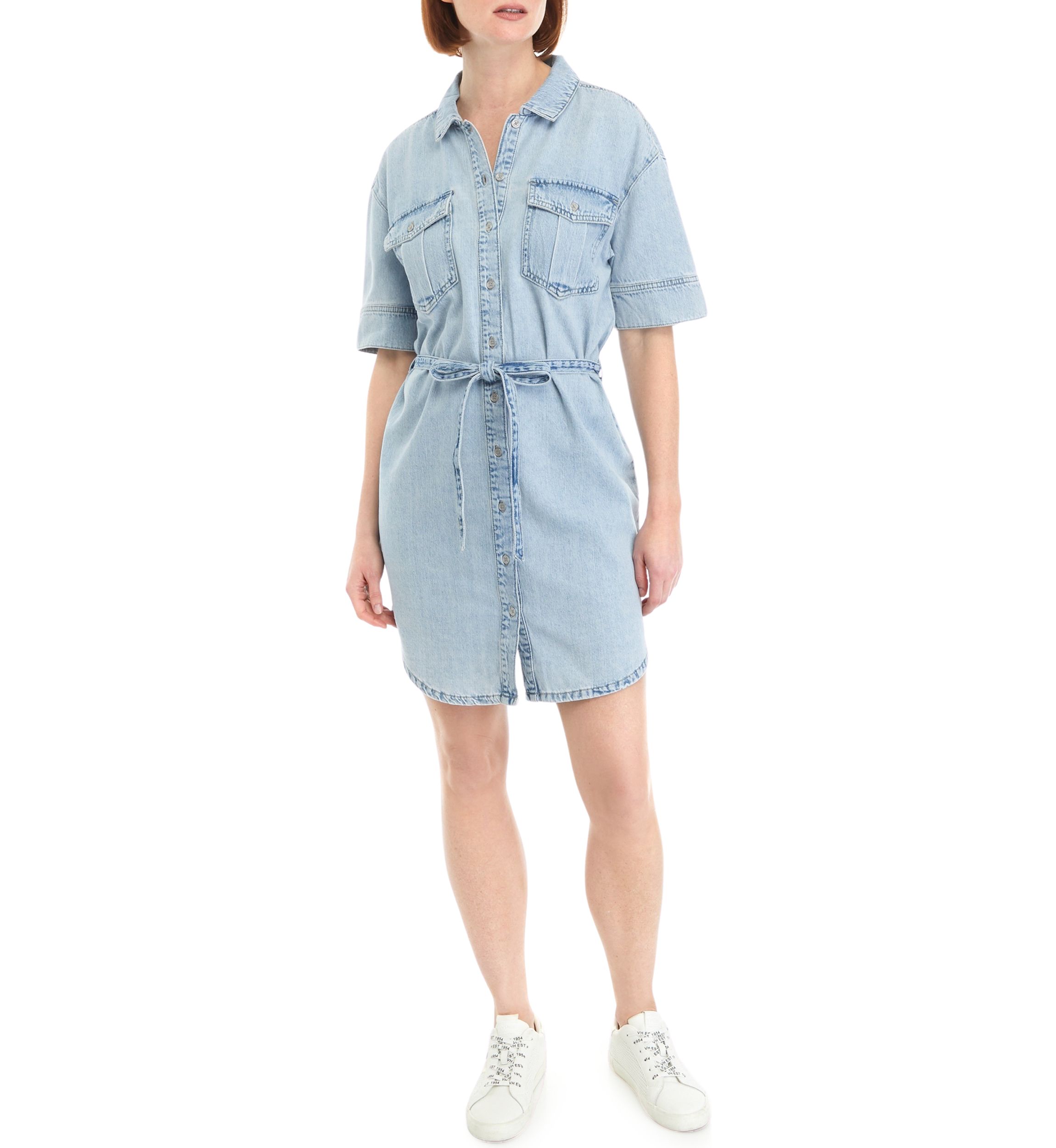 Womens Short Sleeve Tie Front Denim Shirtdress