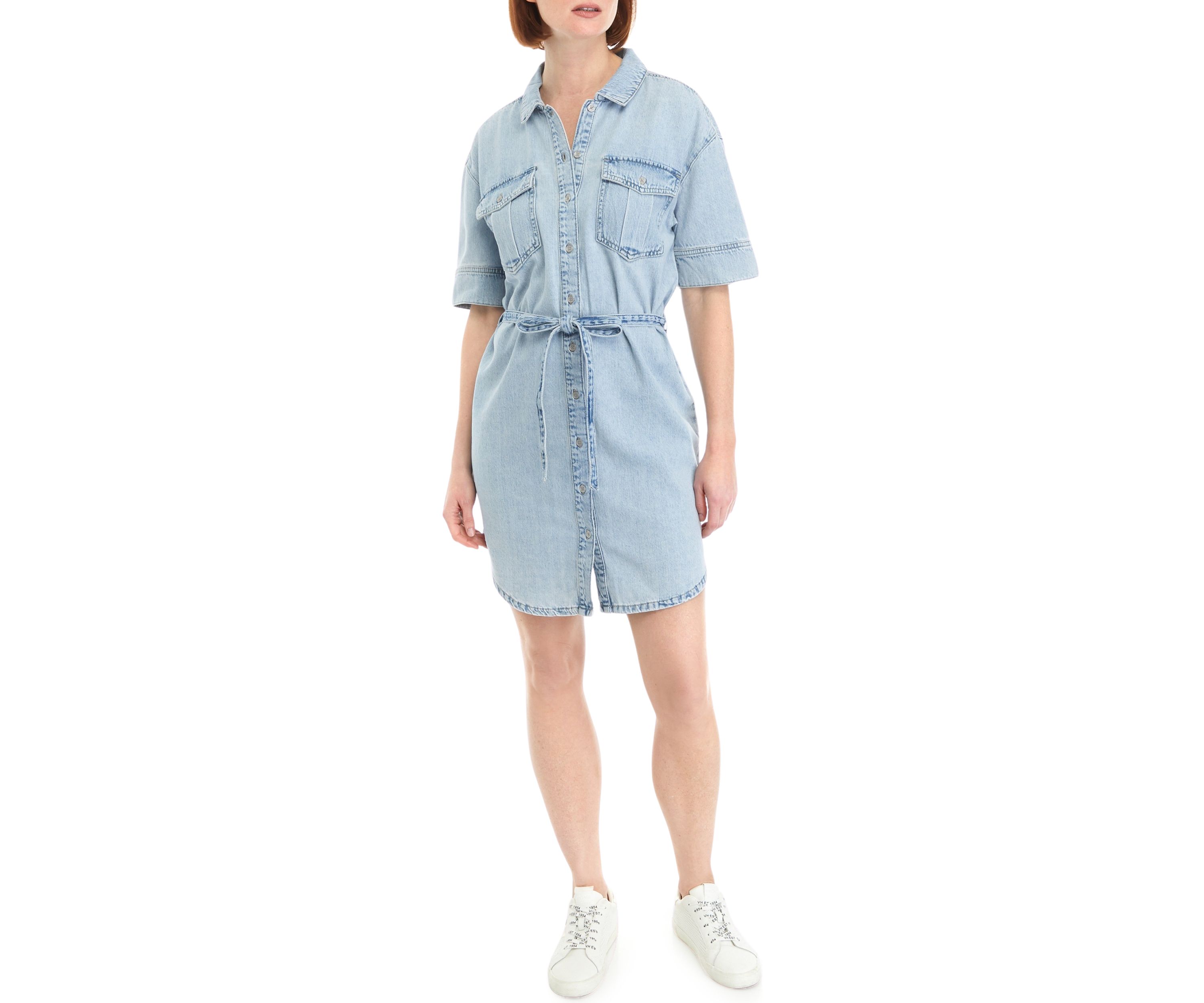 Womens Short Sleeve Tie Front Denim Shirtdress