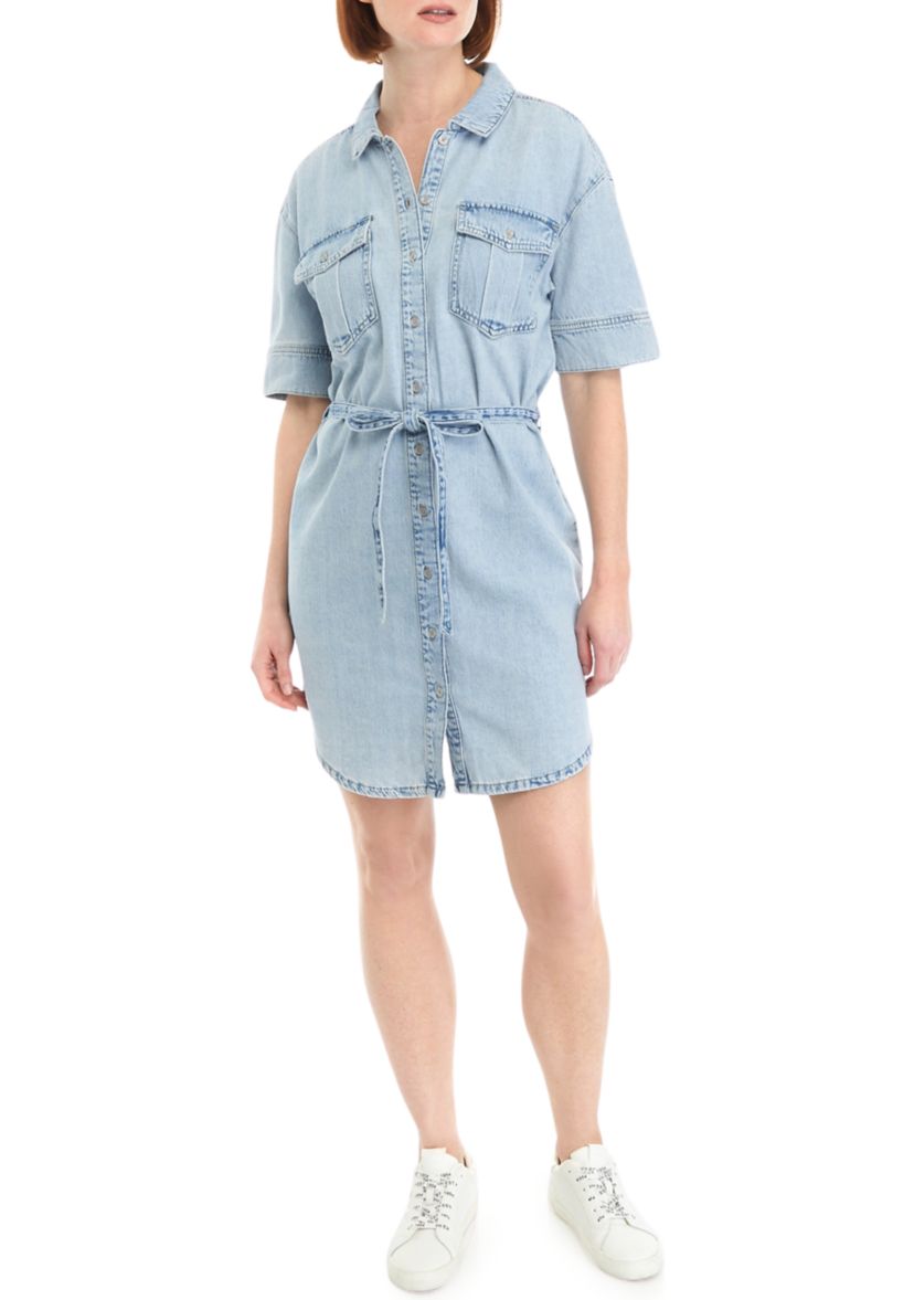 Womens Short Sleeve Tie Front Denim Shirtdress