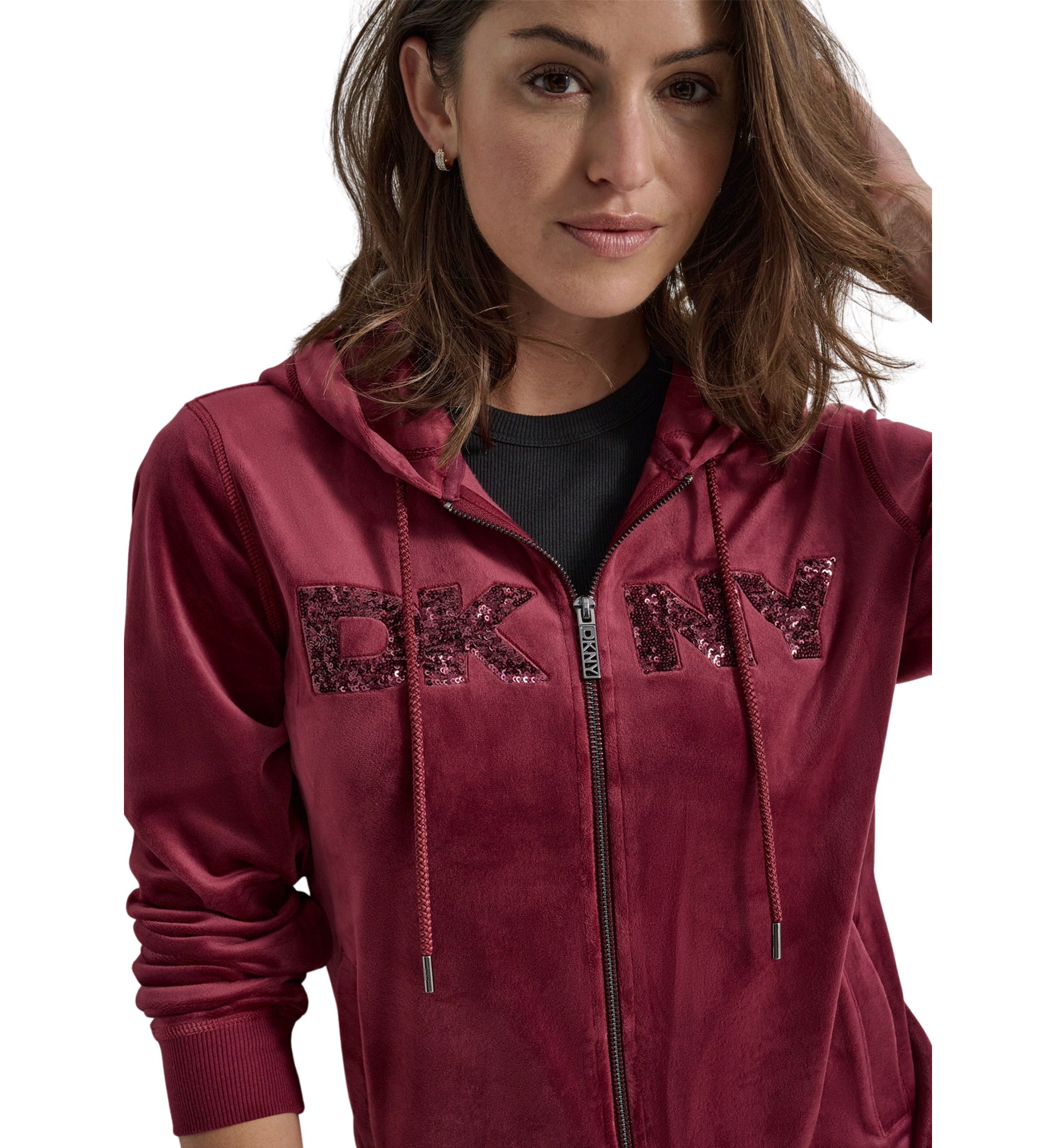 Womens Sequined Logo Velour Hoodie
