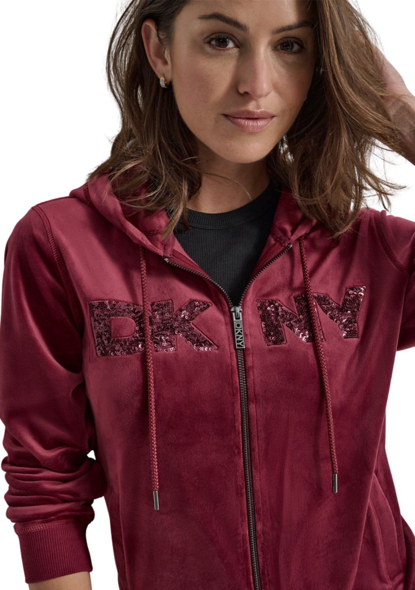 Womens Sequined Logo Velour Hoodie