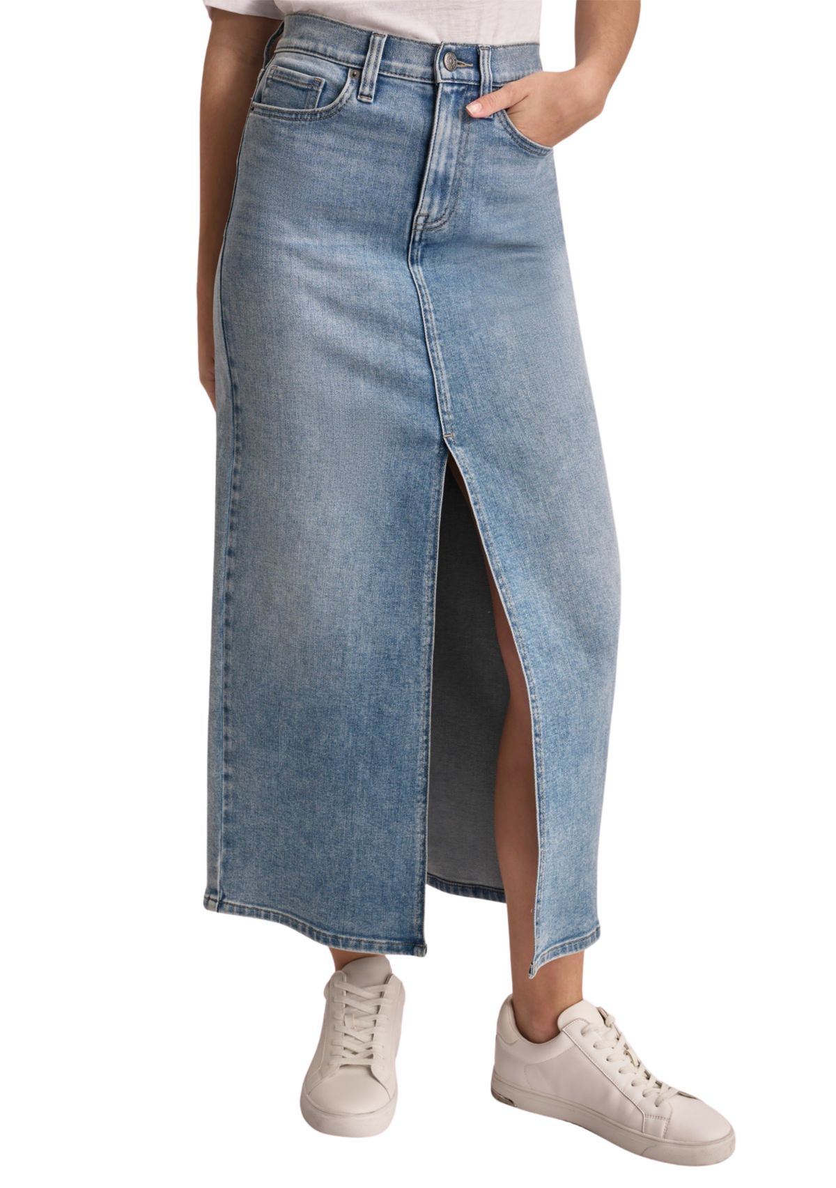 Womens Slit Front Denim Midi Skirt