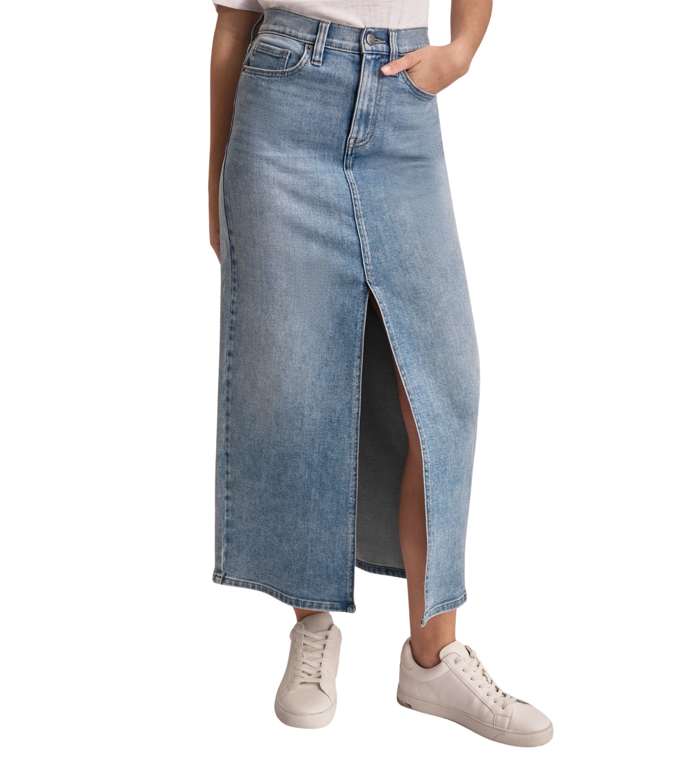 Womens Slit Front Denim Midi Skirt
