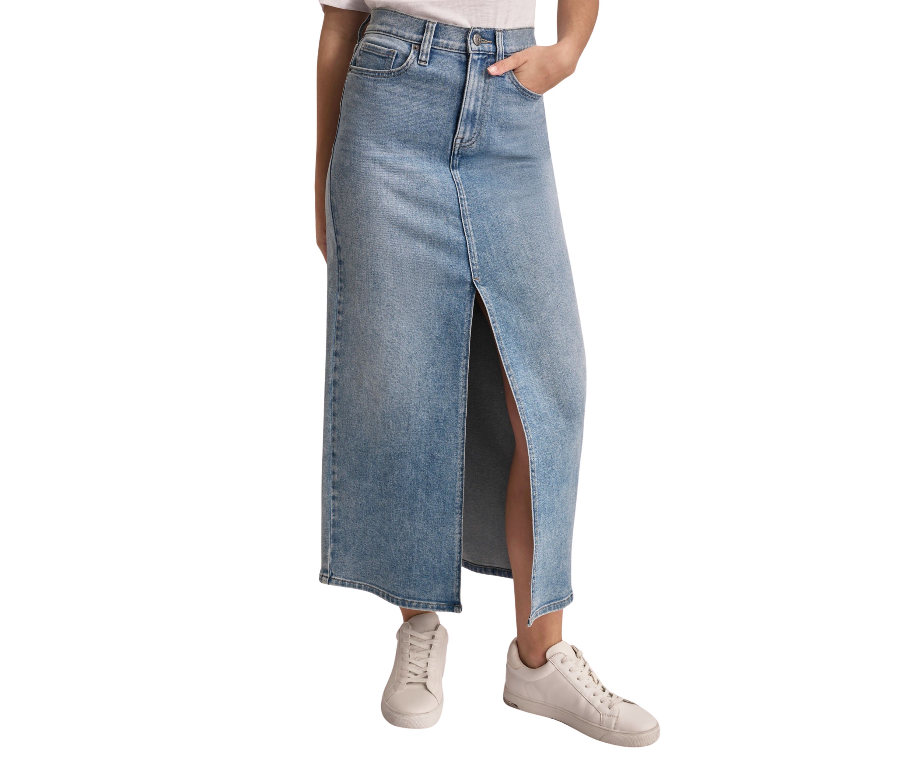 Womens Slit Front Denim Midi Skirt
