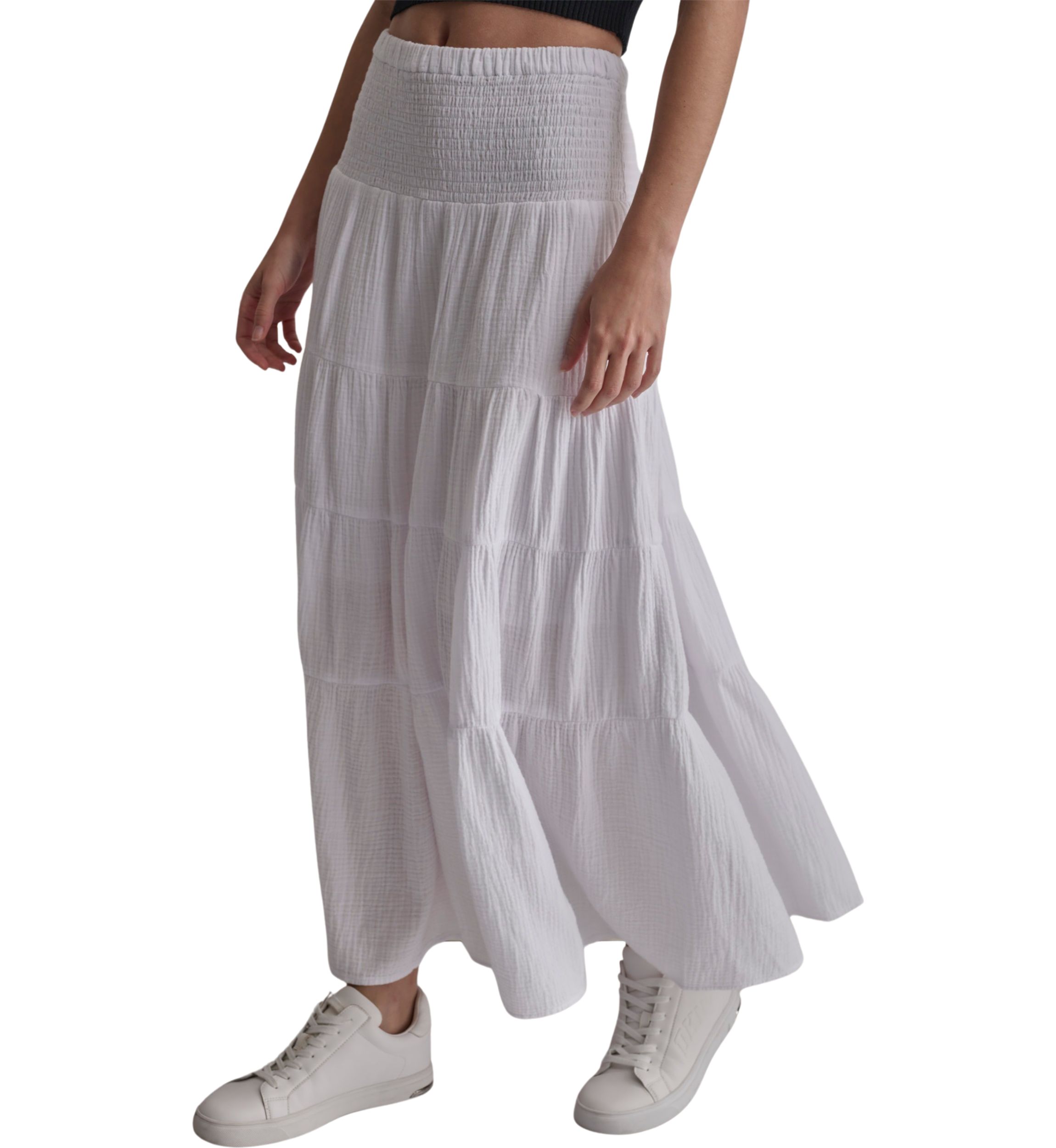 Womens Smocked Tiered Midi Skirt