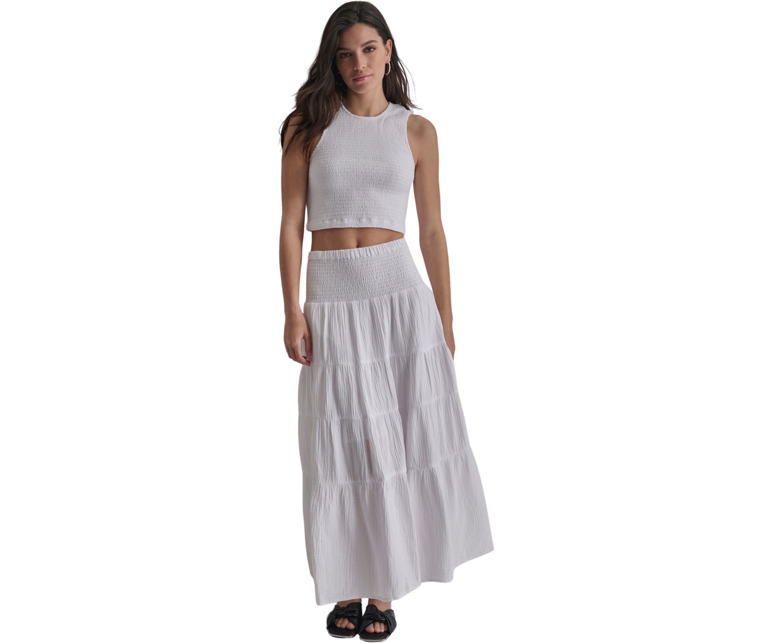Womens Smocked Tiered Midi Skirt