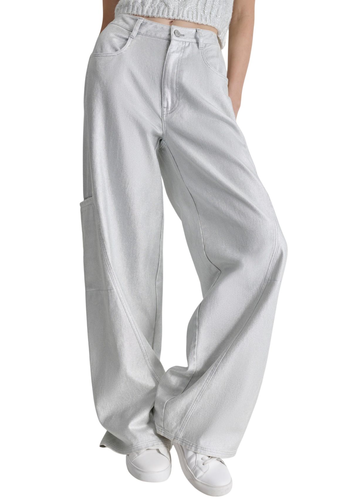 Womens Silver Coated Wide Leg Pants