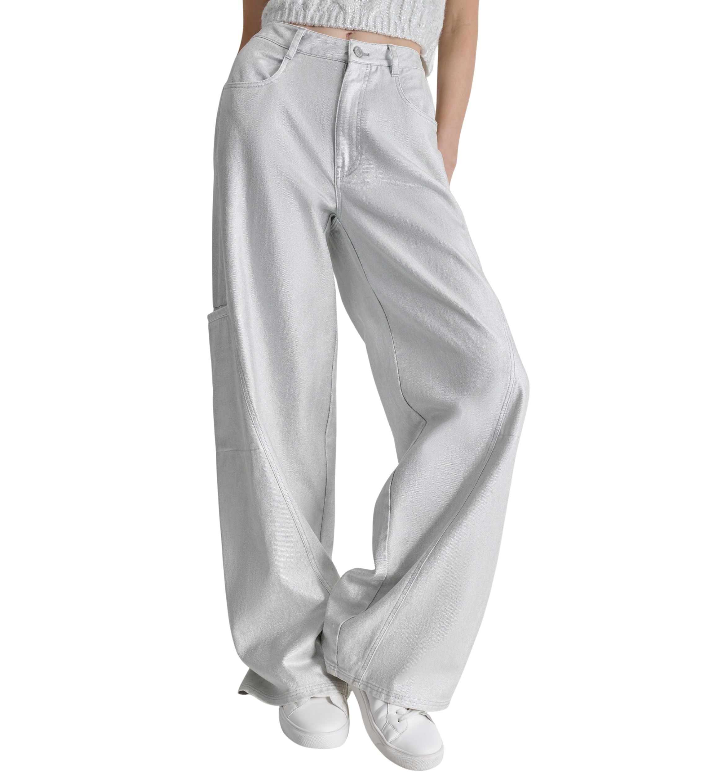 Womens Silver Coated Wide Leg Pants