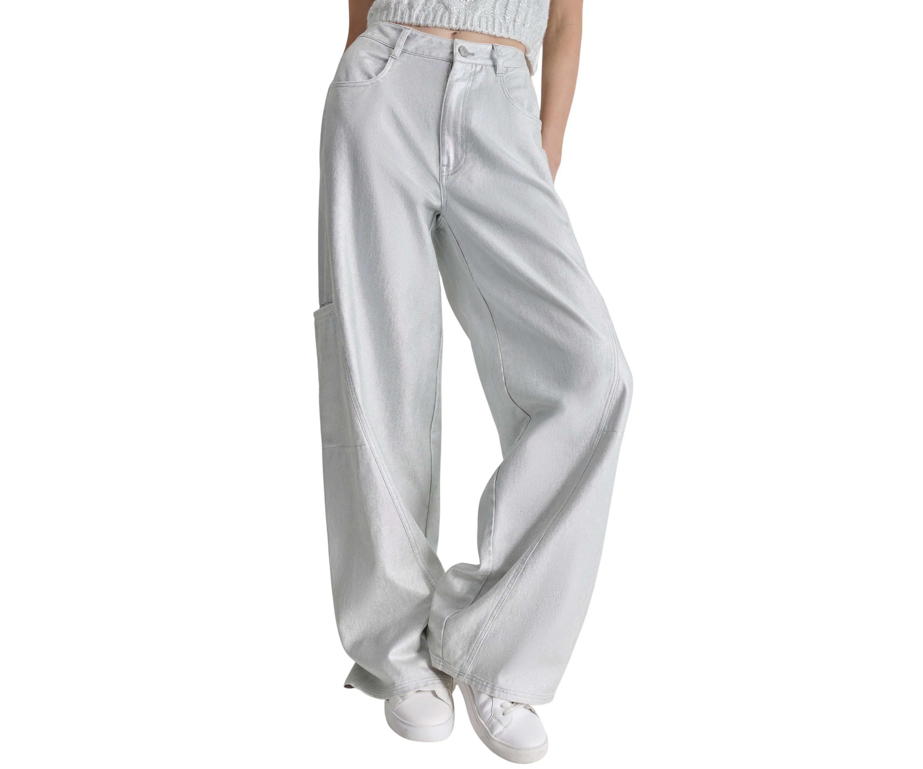 Womens Silver Coated Wide Leg Pants