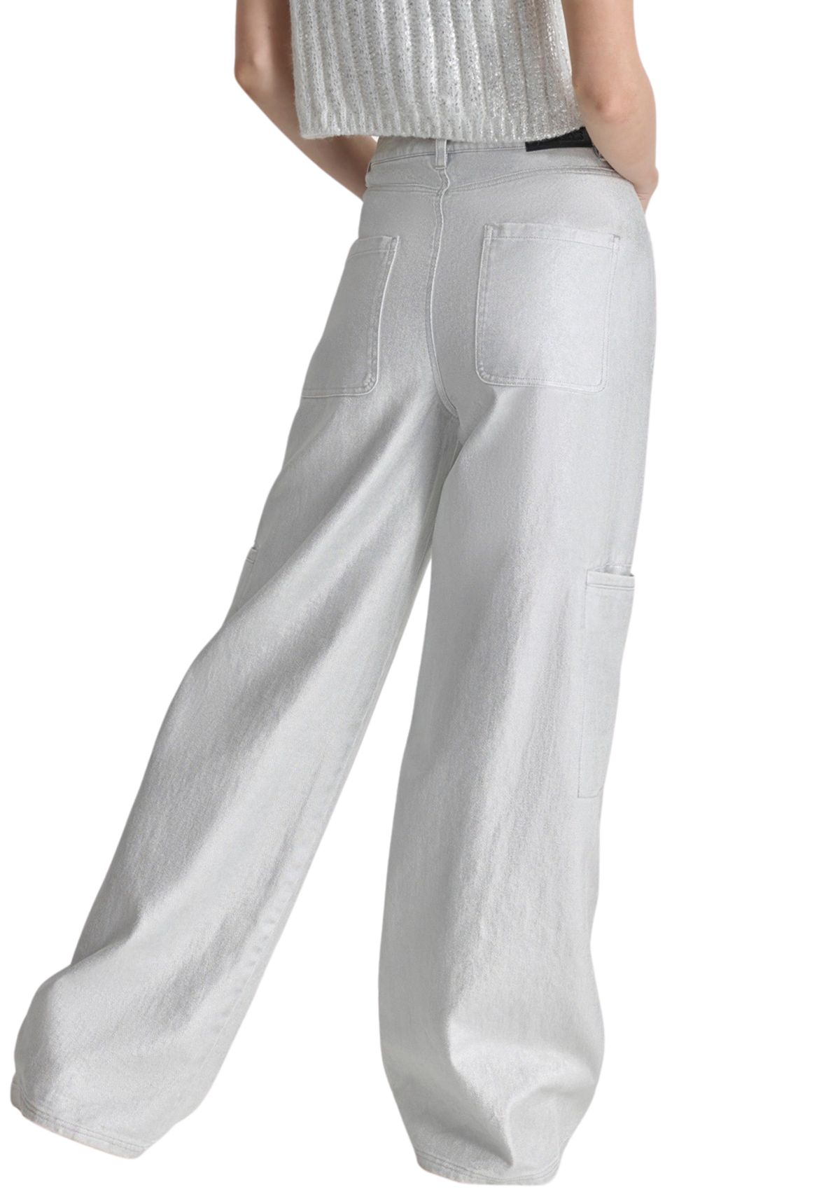 Womens Silver Coated Wide Leg Pants
