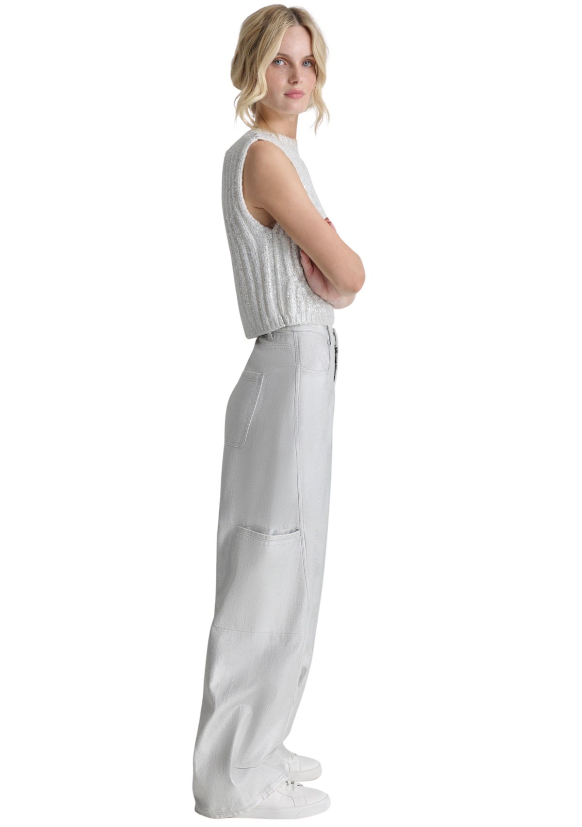 Womens Silver Coated Wide Leg Pants