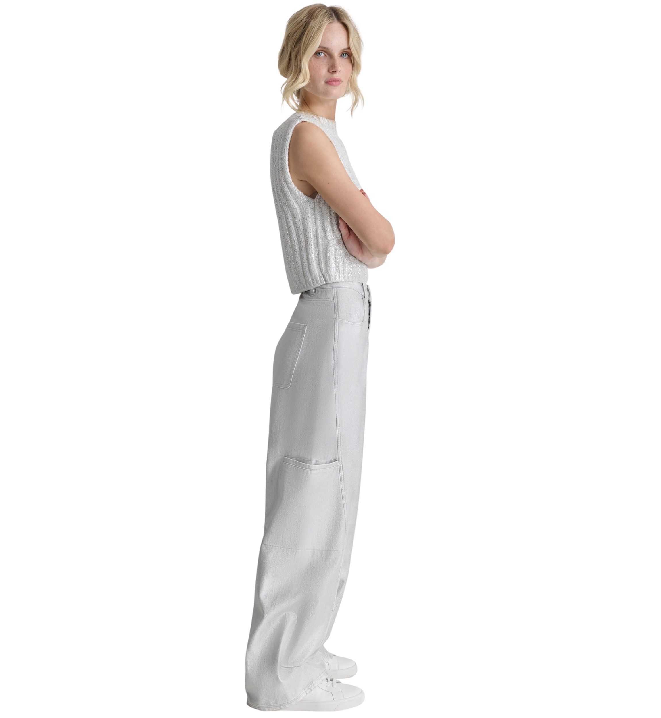 Womens Silver Coated Wide Leg Pants