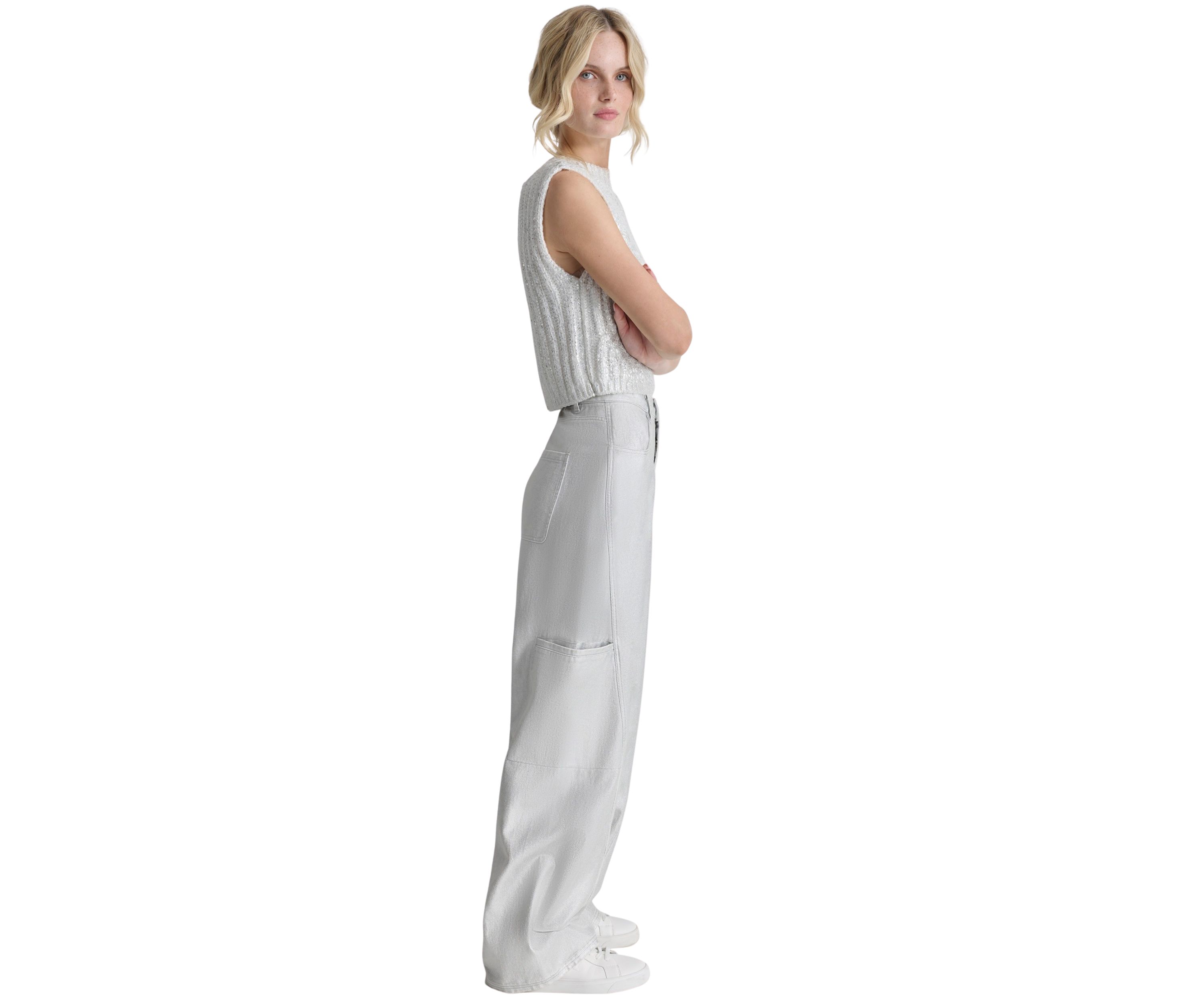 Womens Silver Coated Wide Leg Pants