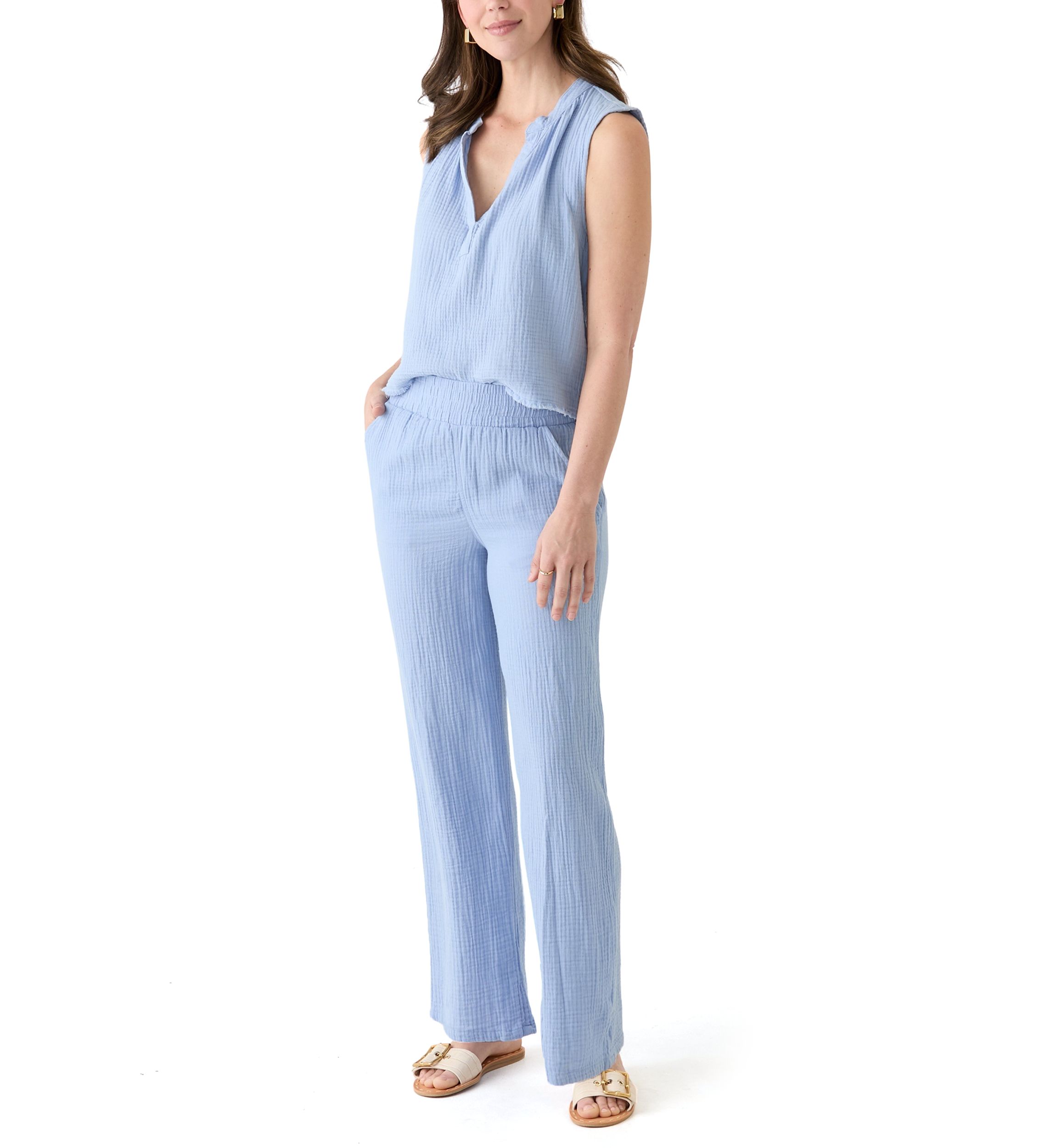 Womens Straight Leg Pants with Smocked Waist