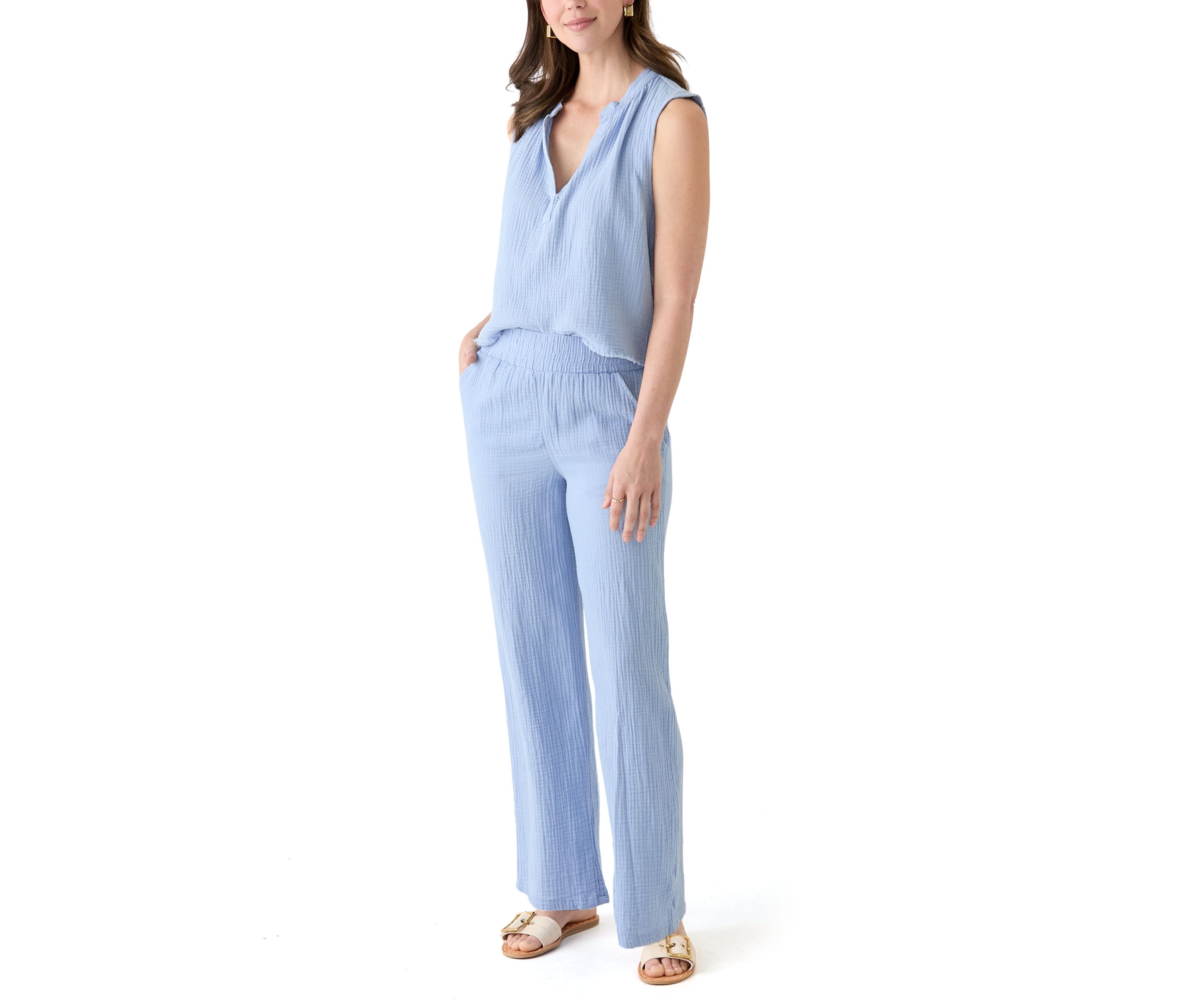 Womens Straight Leg Pants with Smocked Waist