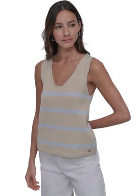 DKNY Jeans Women's Sleeveless Scoop Neck Stripe Sweater, XL