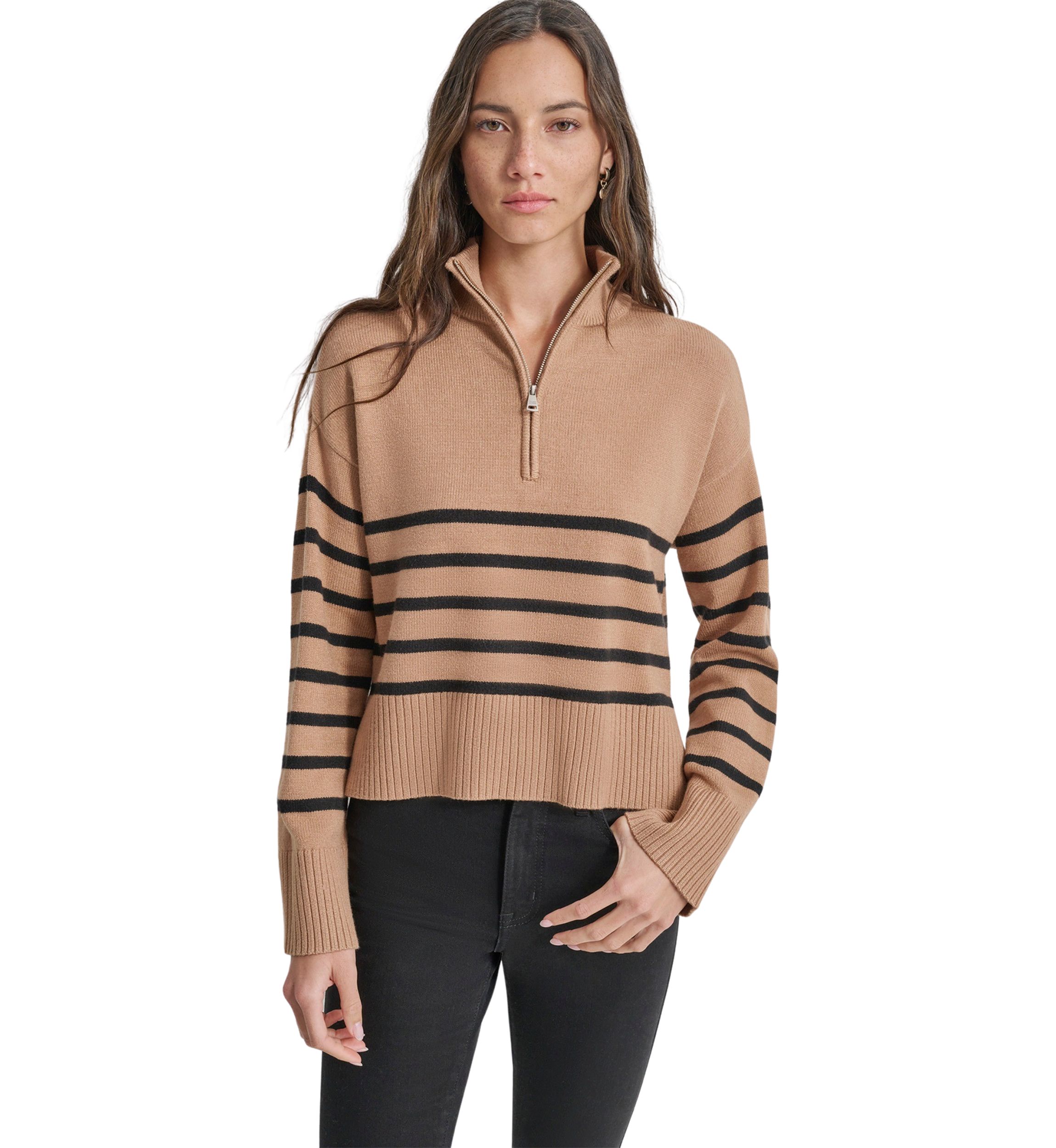 Womens Long Sleeve 1/4 Zip Striped Sweater