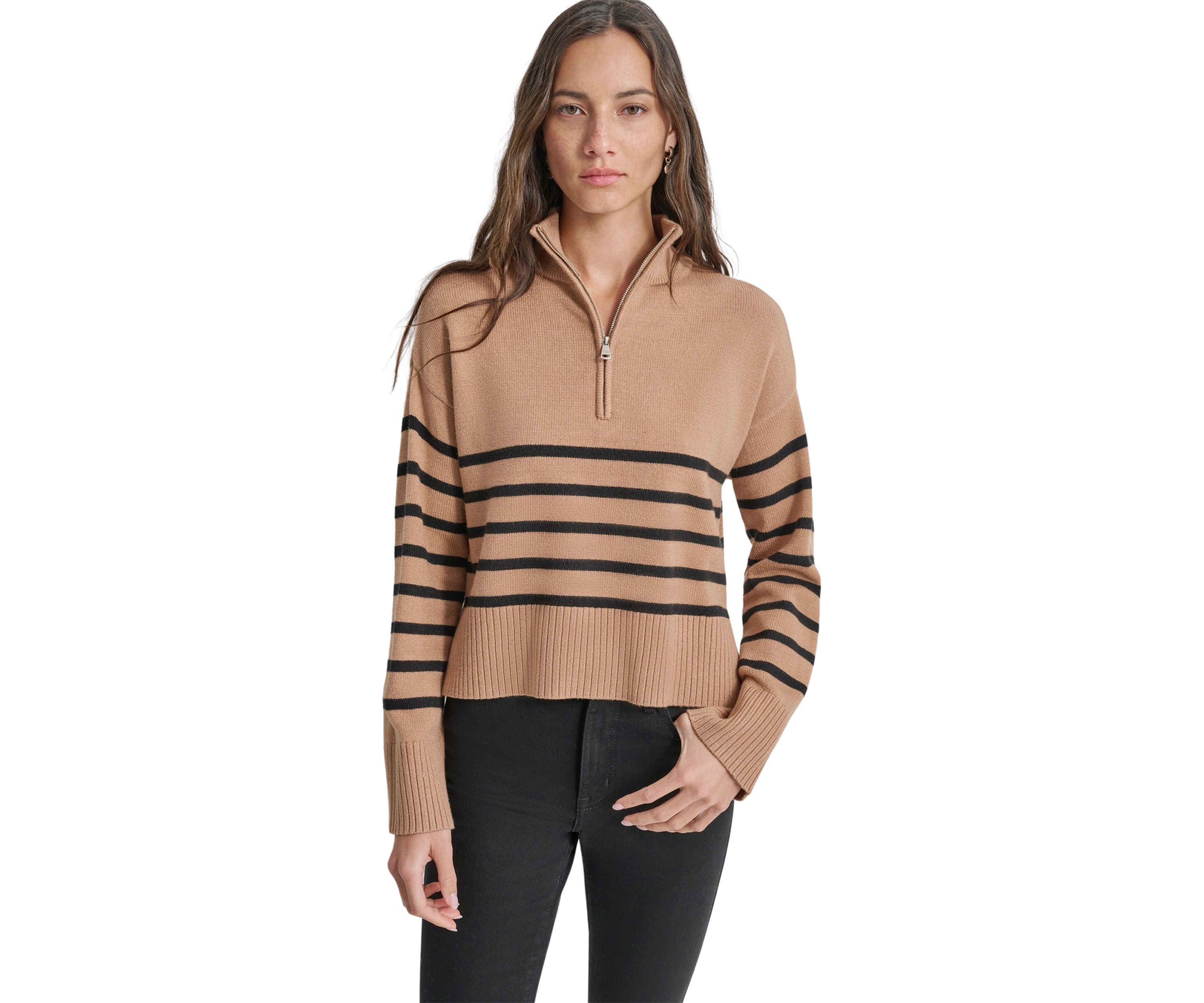 Womens Long Sleeve 1/4 Zip Striped Sweater