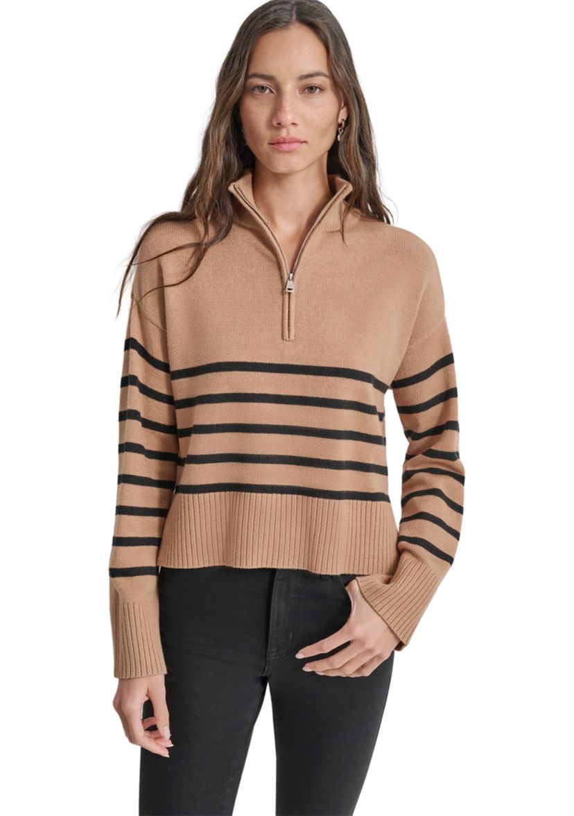 Womens Long Sleeve 1/4 Zip Striped Sweater