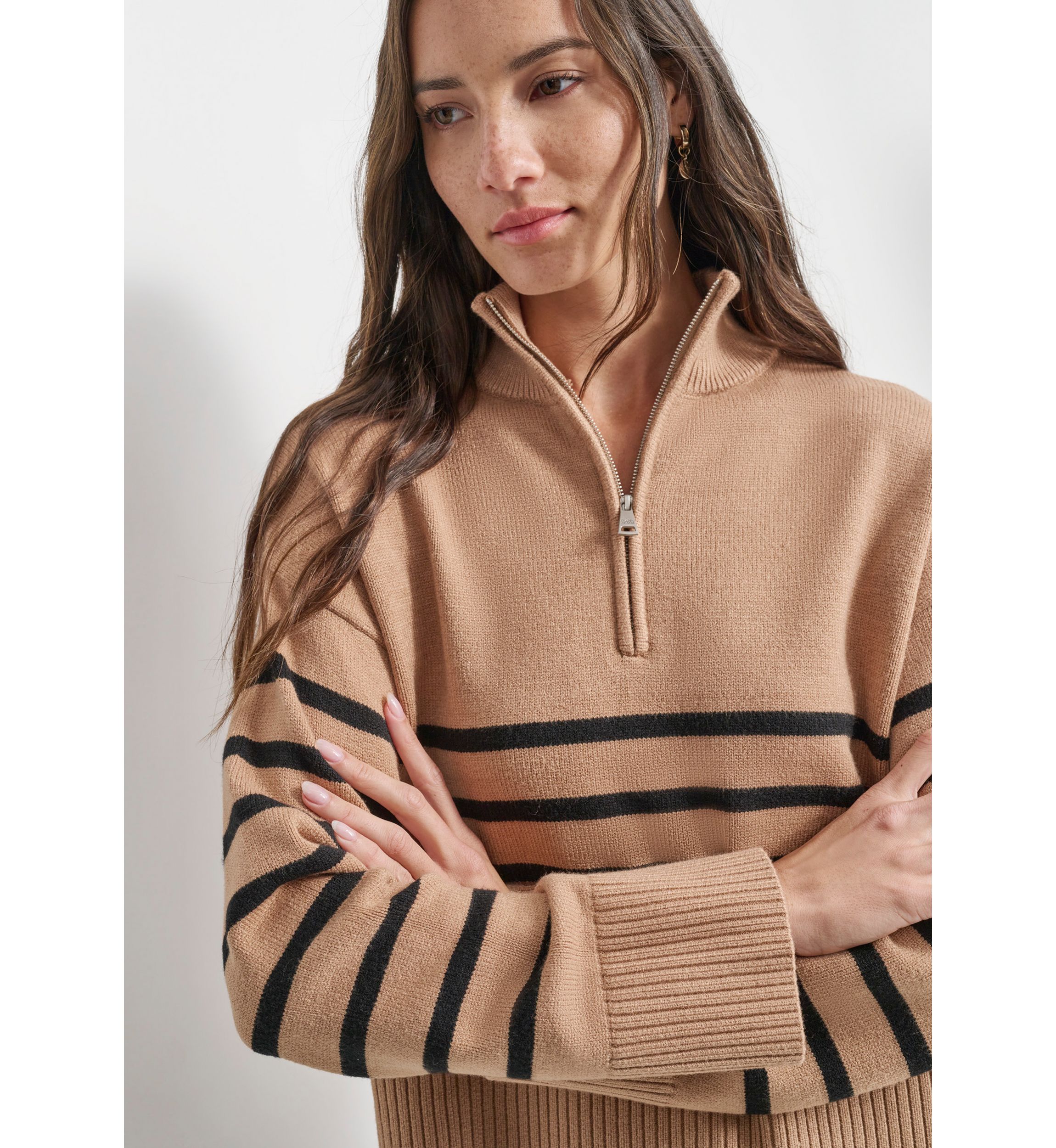 Womens Long Sleeve 1/4 Zip Striped Sweater