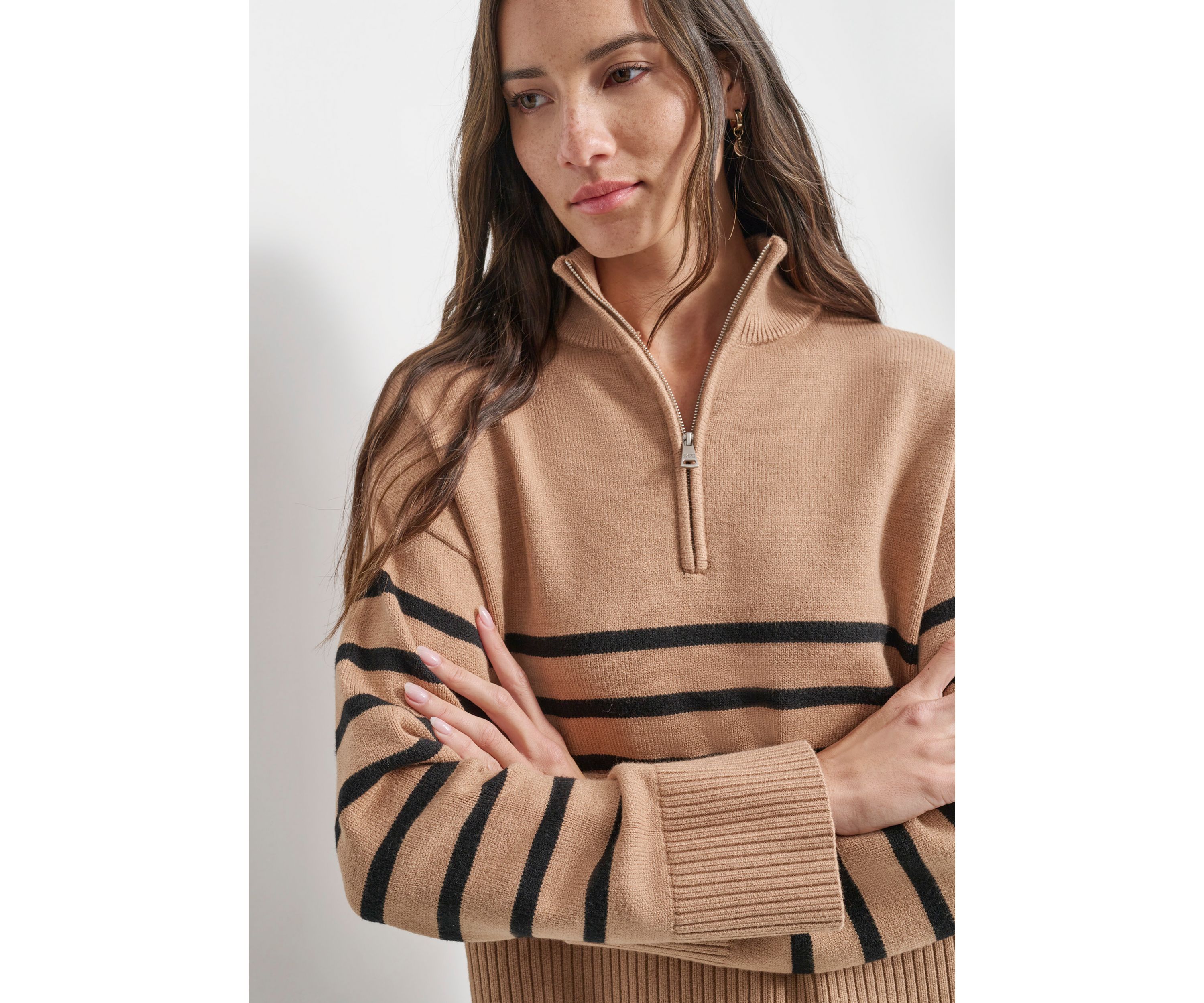 Womens Long Sleeve 1/4 Zip Striped Sweater