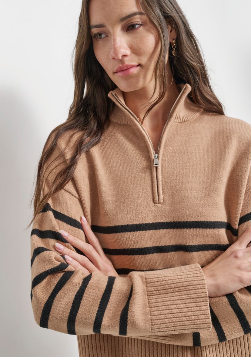 Womens Long Sleeve 1/4 Zip Striped Sweater