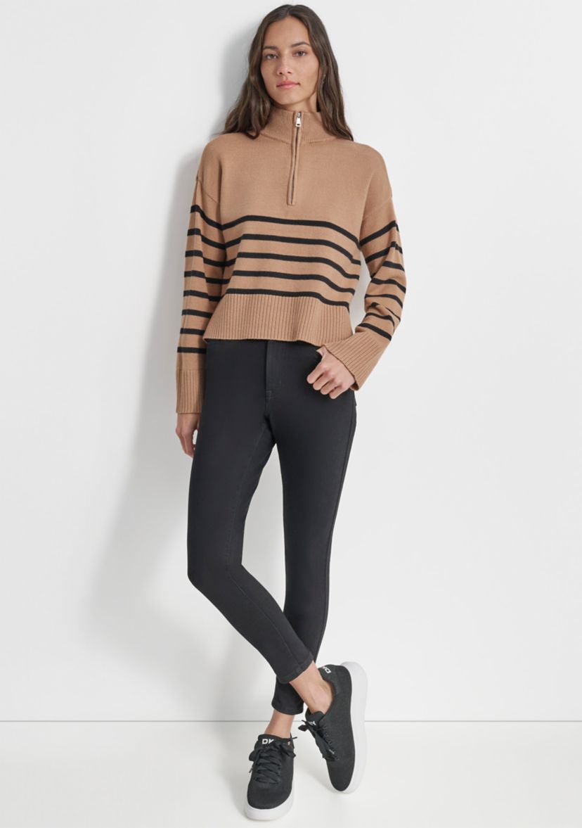 Womens Long Sleeve 1/4 Zip Striped Sweater