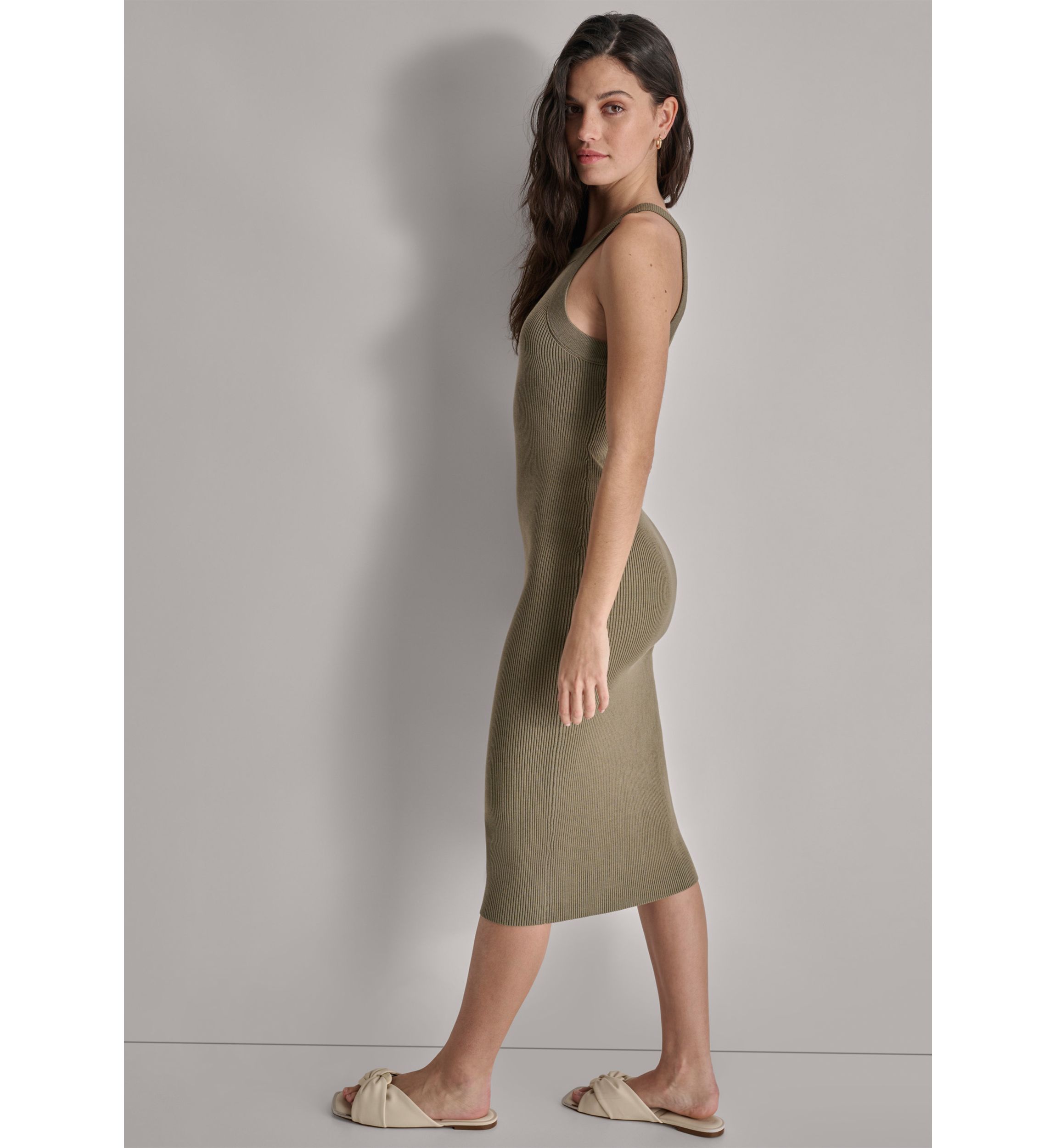 Womens Sleeveless Square Neck Ribbed Tank Dress