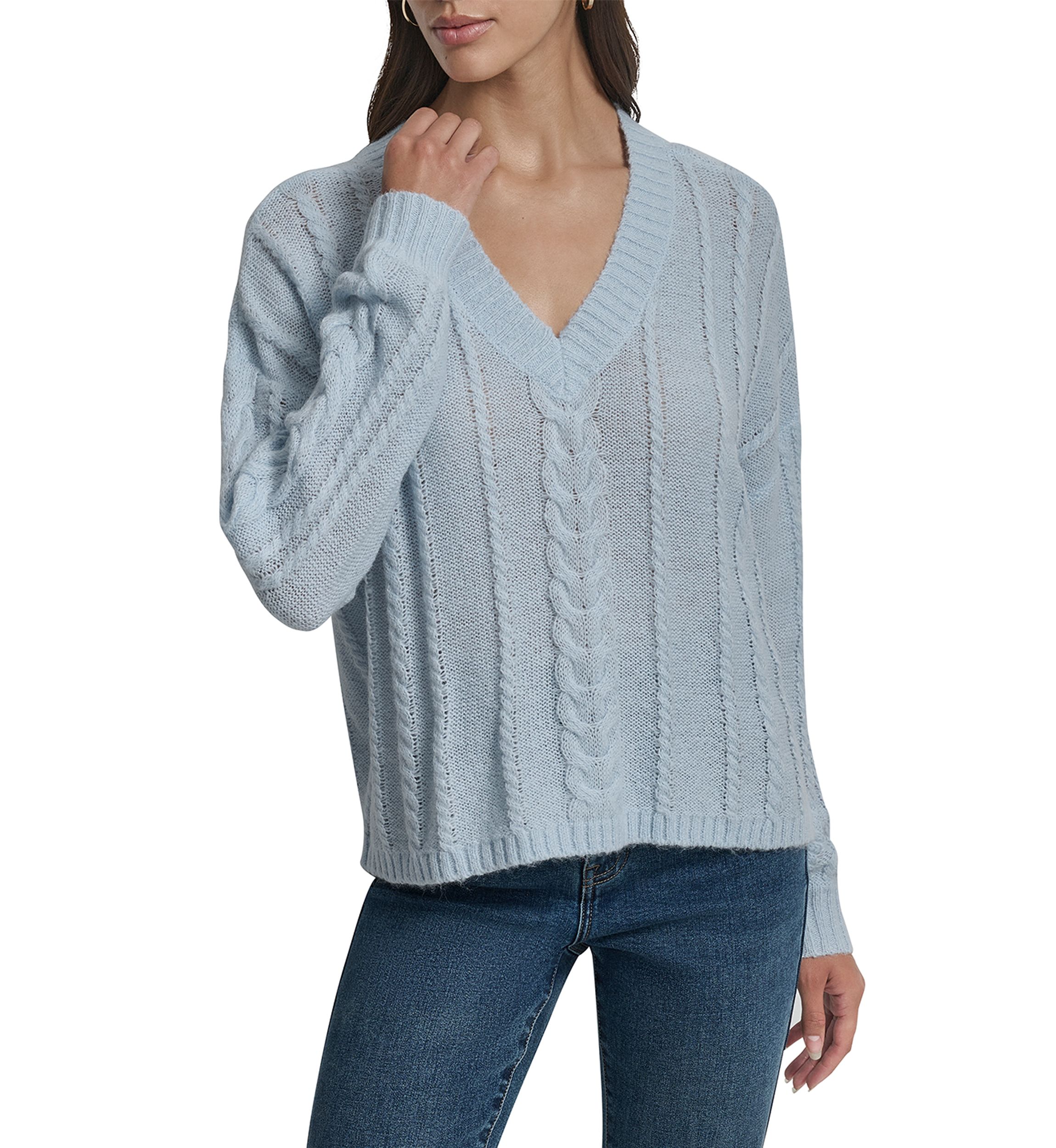 Womens Cable Knit V-Neck Sweater
