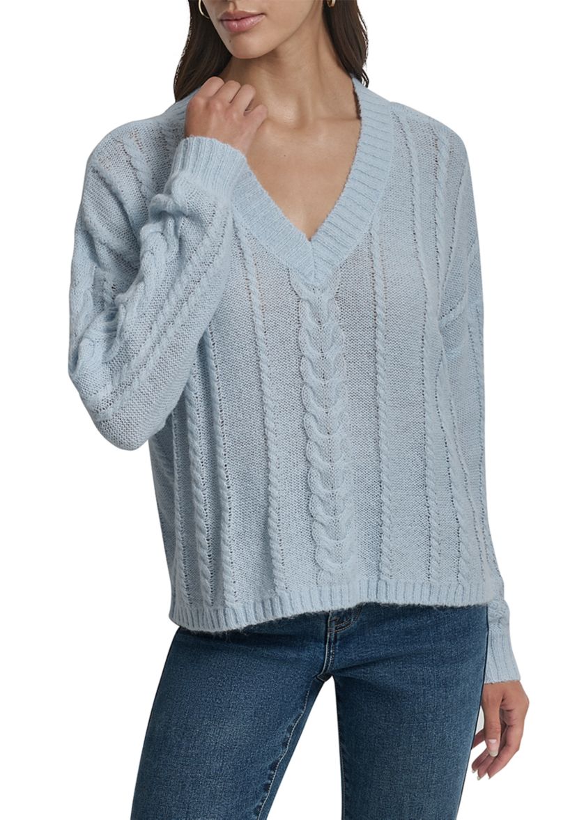 Womens Cable Knit V-Neck Sweater