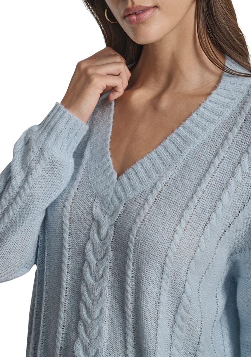 Womens Cable Knit V-Neck Sweater