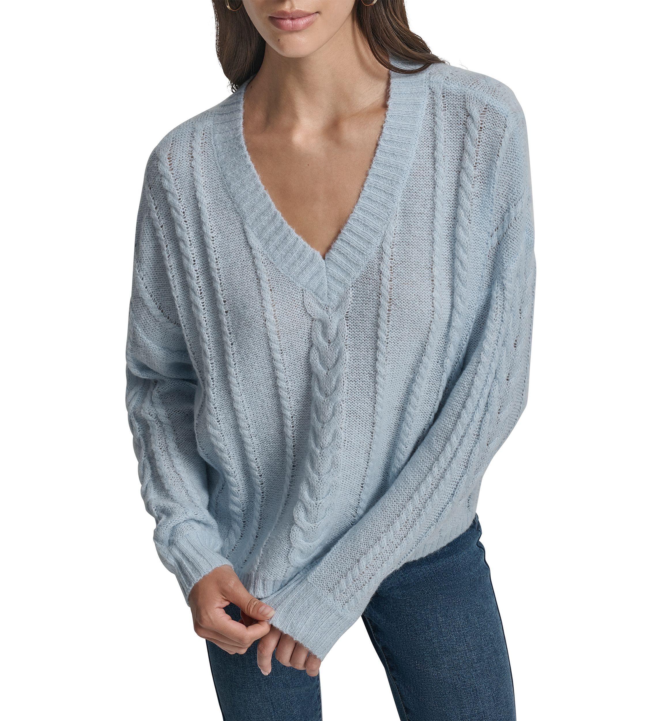 Womens Cable Knit V-Neck Sweater