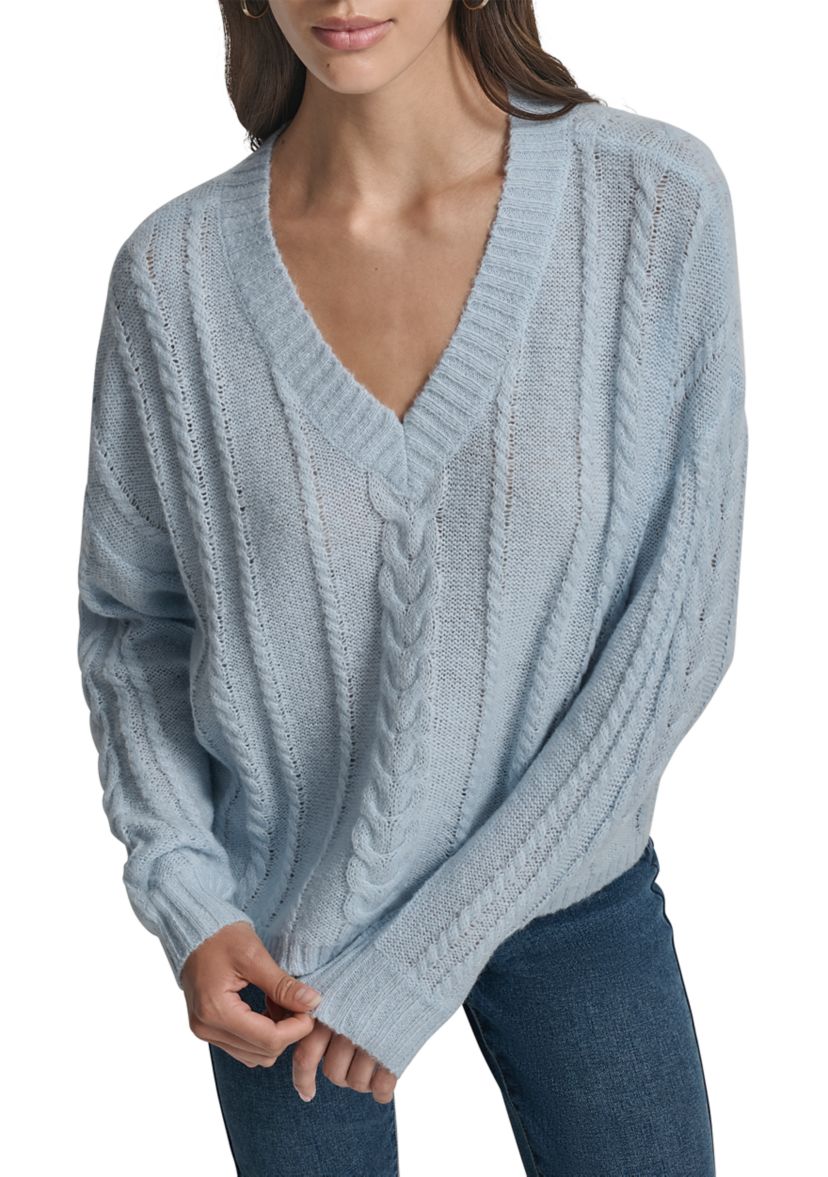 Womens Cable Knit V-Neck Sweater