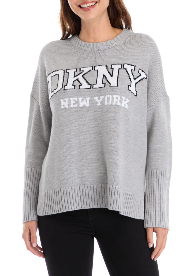 Womens Long Sleeve Split Hem Logo Graphic Sweater 