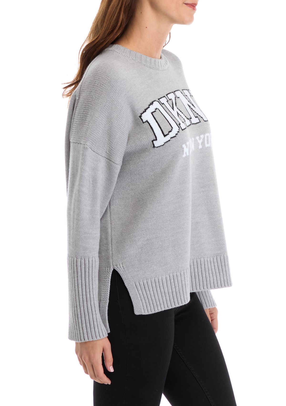 Womens Long Sleeve Split Hem Logo Graphic Sweater 