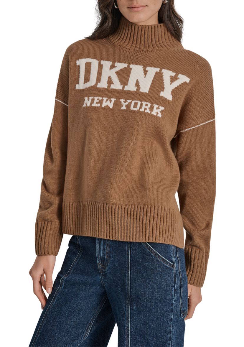 Womens Intarsia Logo Turtleneck High Low Hem Boxy Sweater