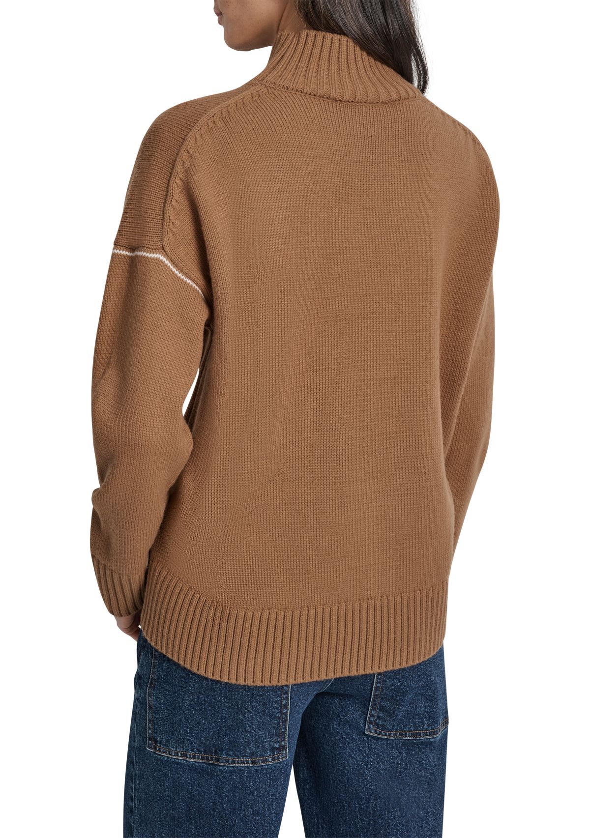 Womens Intarsia Logo Turtleneck High Low Hem Boxy Sweater