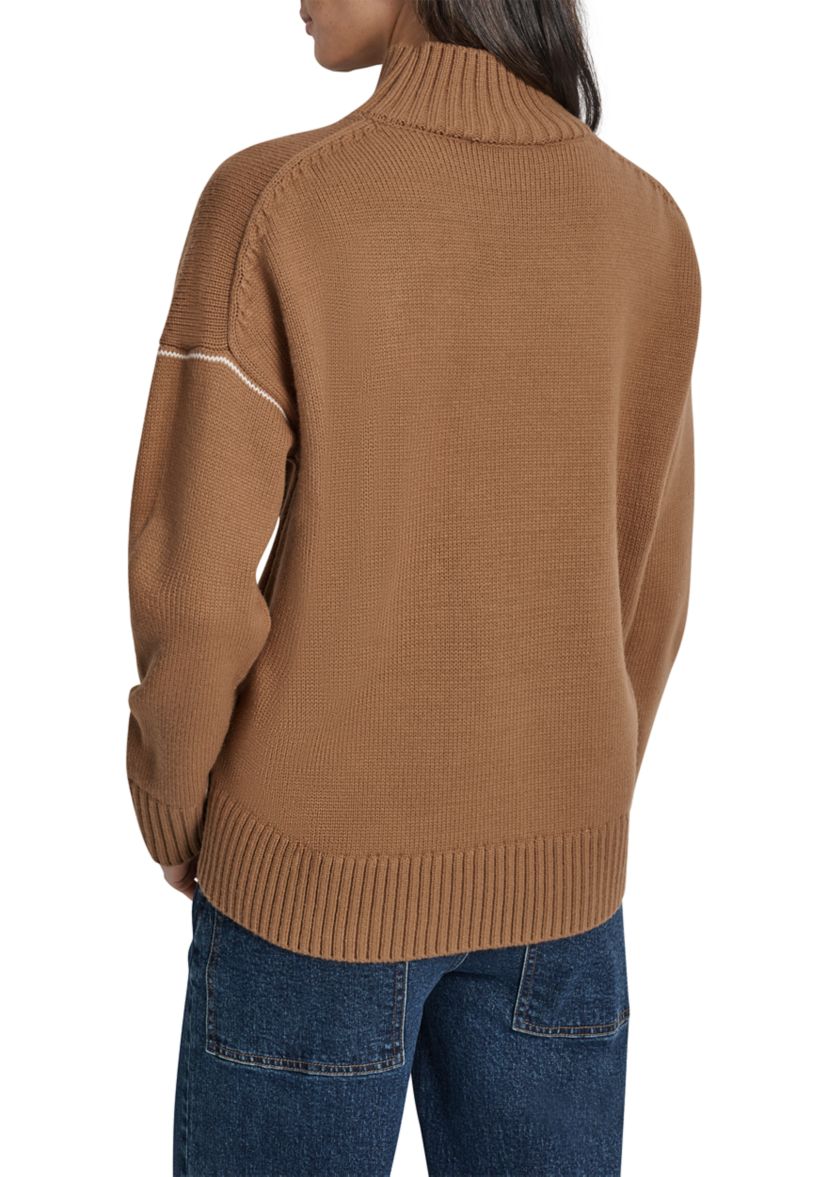 Womens Intarsia Logo Turtleneck High Low Hem Boxy Sweater