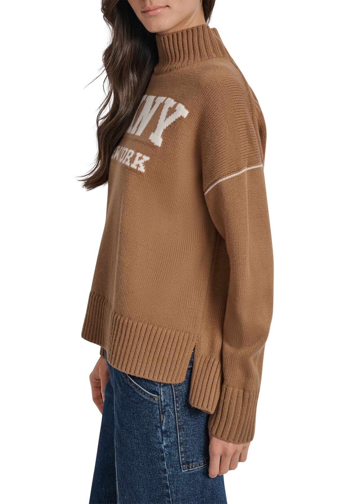 Womens Intarsia Logo Turtleneck High Low Hem Boxy Sweater