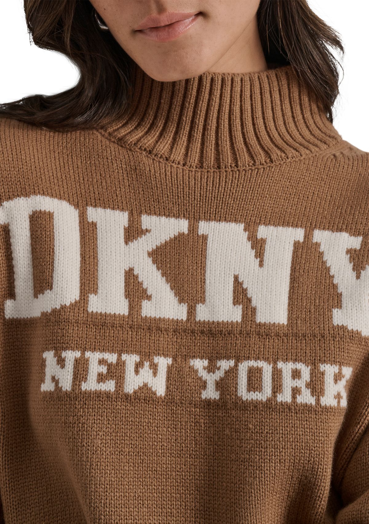 Womens Intarsia Logo Turtleneck High Low Hem Boxy Sweater