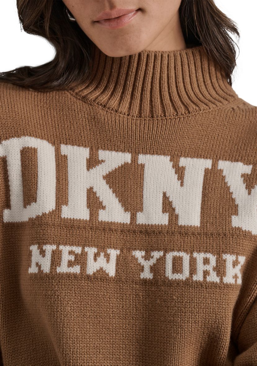 Womens Intarsia Logo Turtleneck High Low Hem Boxy Sweater