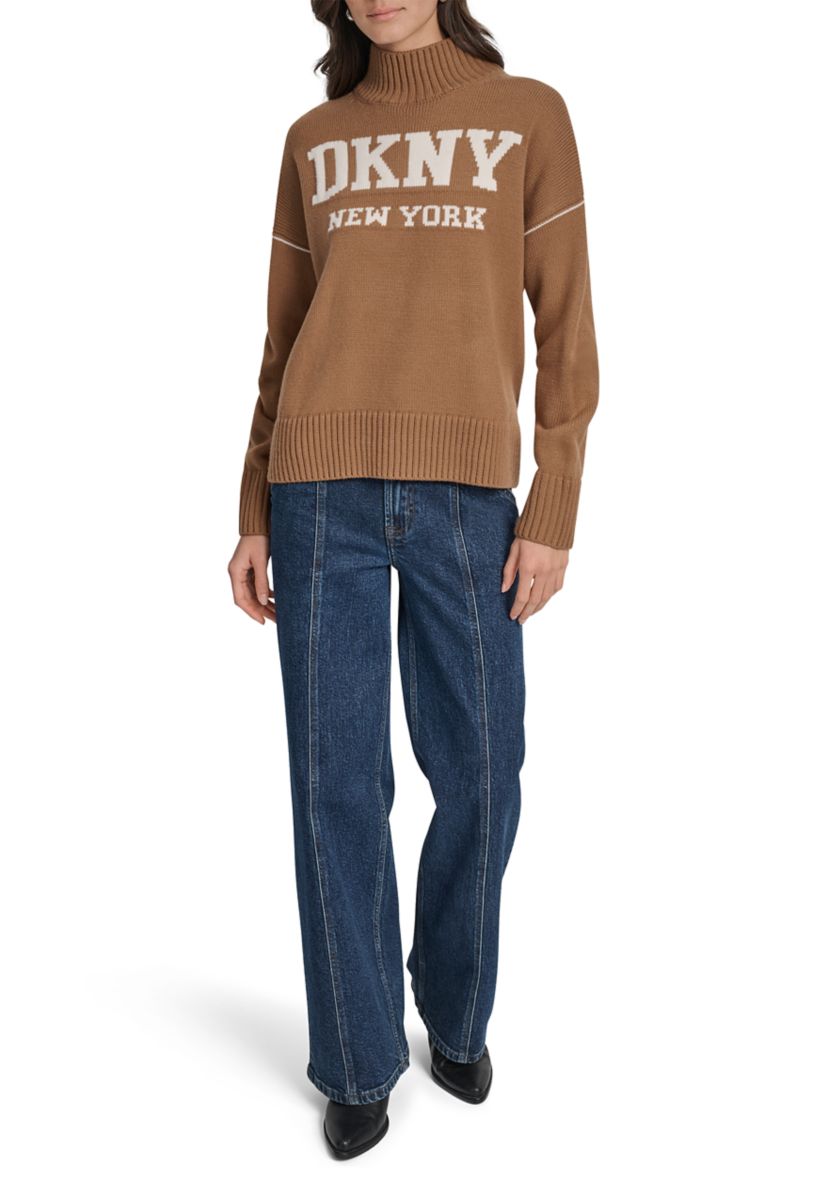 Womens Intarsia Logo Turtleneck High Low Hem Boxy Sweater