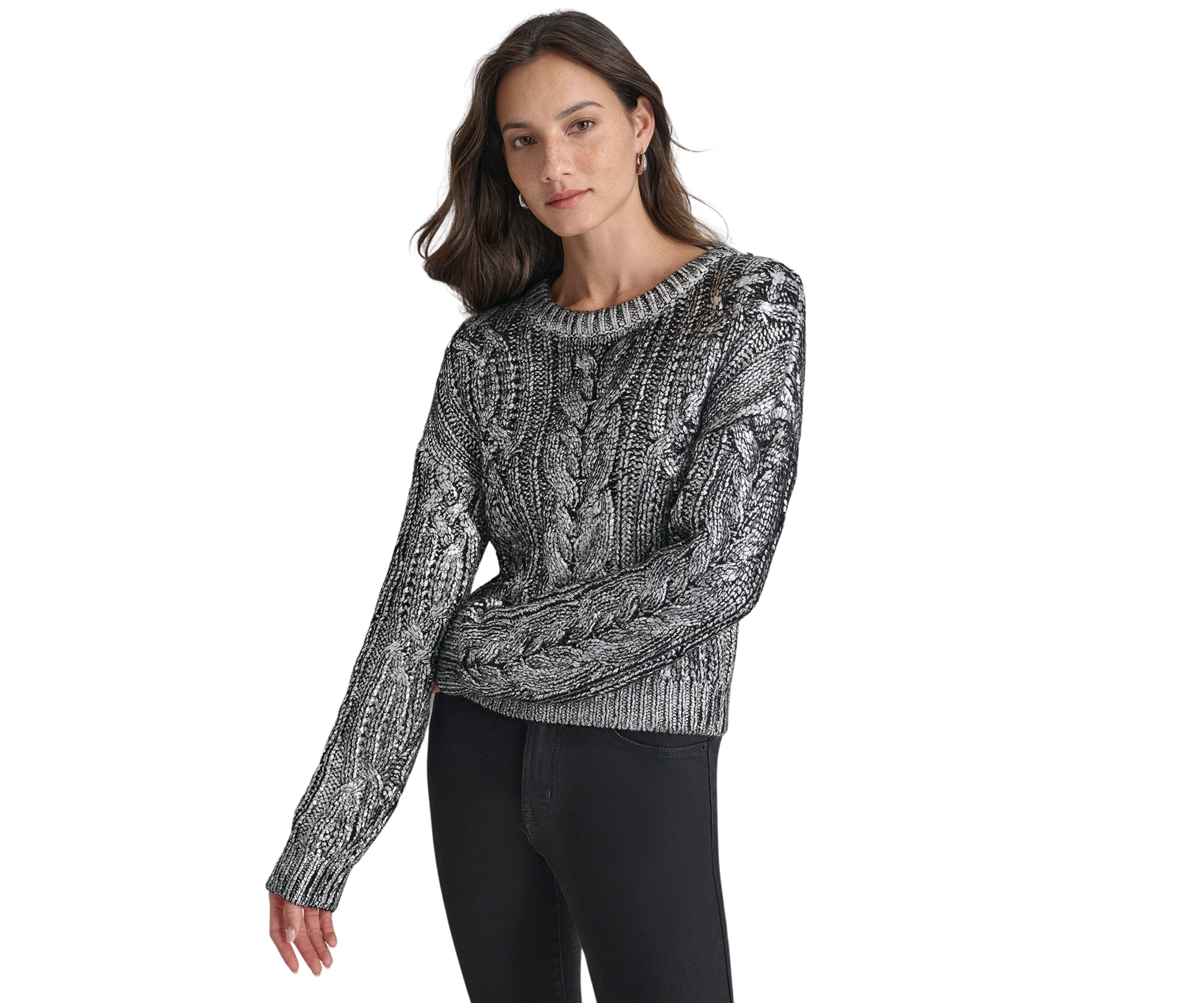 Womens Long Sleeve Foil Cable Sweater